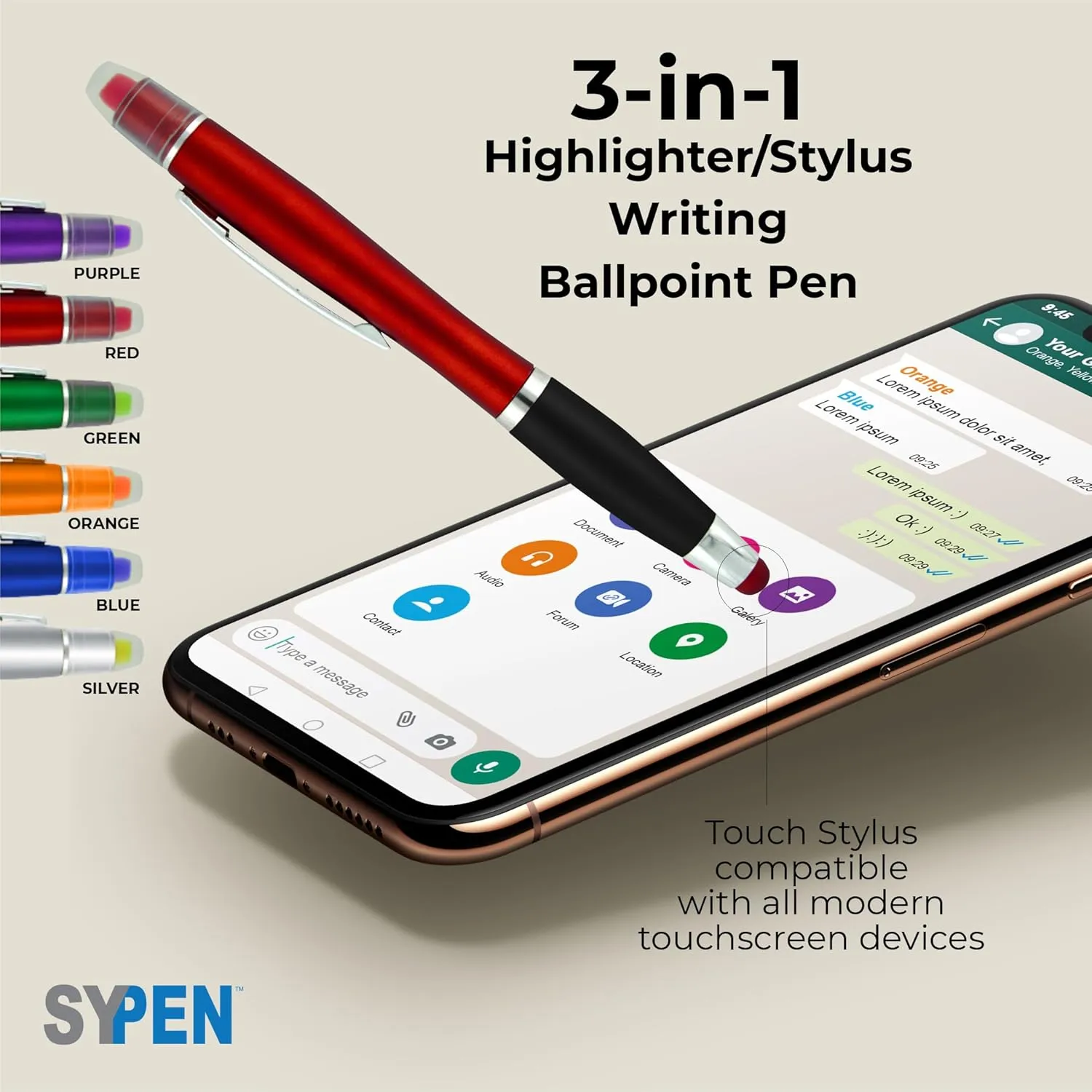 Personalized Pens with Gel Highlighter and Stylus -200 Pack Bulk-Free Imprint - 3 In Bible Highlighter No Bleed, Ballpoint Pen, and Stylus Combo- add Custom Name, Logo or Gift Message- Silver