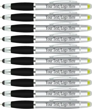 Personalized Pens with Gel Highlighter and Stylus -200 Pack Bulk-Free Imprint - 3 In Bible Highlighter No Bleed, Ballpoint Pen, and Stylus Combo- add Custom Name, Logo or Gift Message- Silver