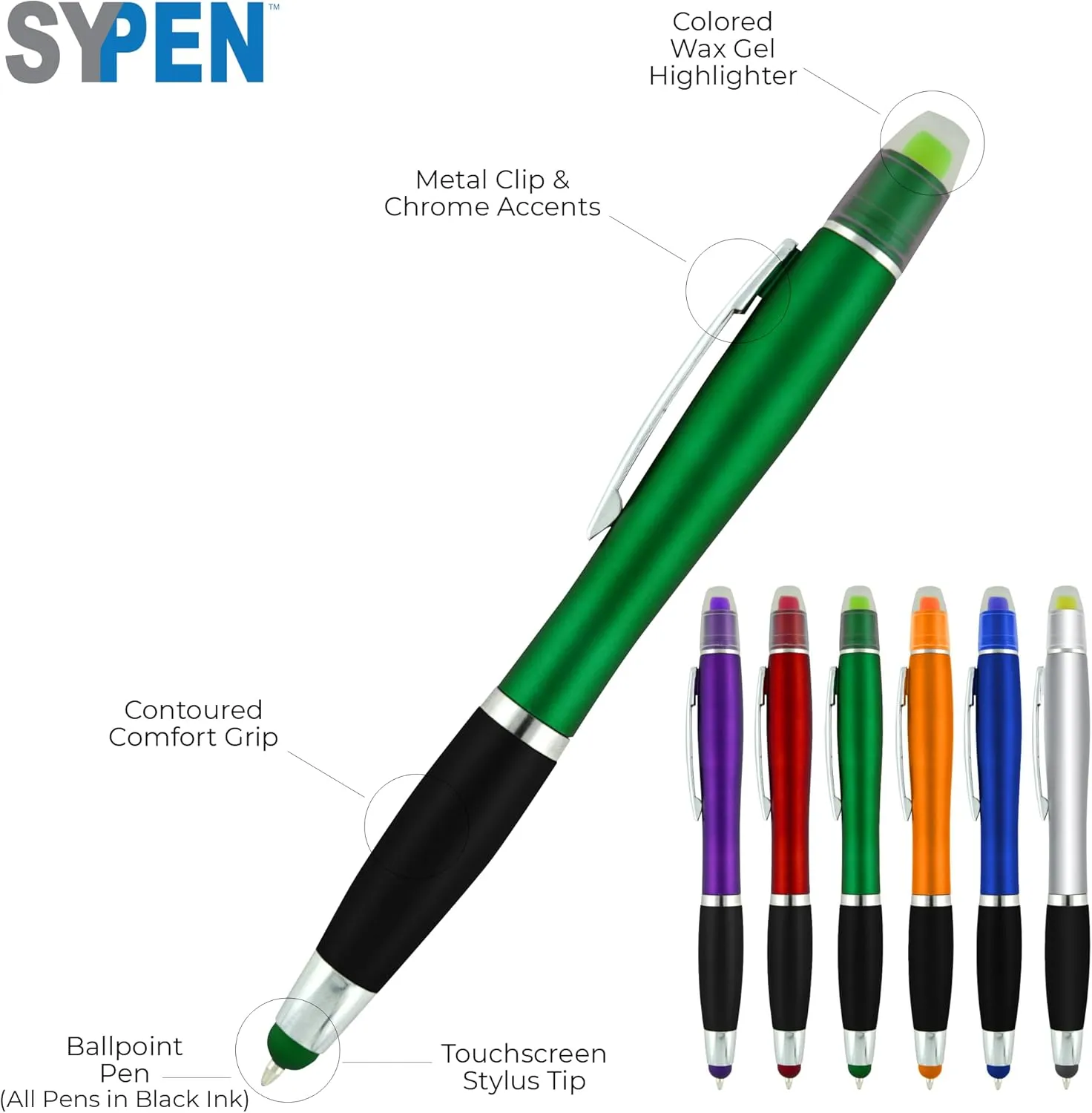 Personalized Pens with Gel Highlighter and Stylus -200 Pack Bulk-Free Imprint - 3 In Bible Highlighter No Bleed, Ballpoint Pen, and Stylus Combo- add Custom Name, Logo or Gift Message- Silver