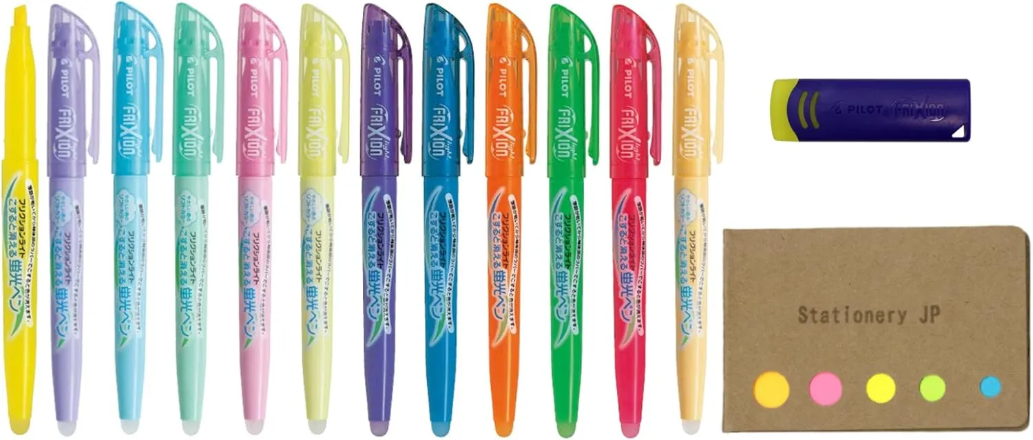 Pilot Frixion Erasable Highlighter Pen 12 Color Ink, Frixion Eraser, Sticky Notes Value Set