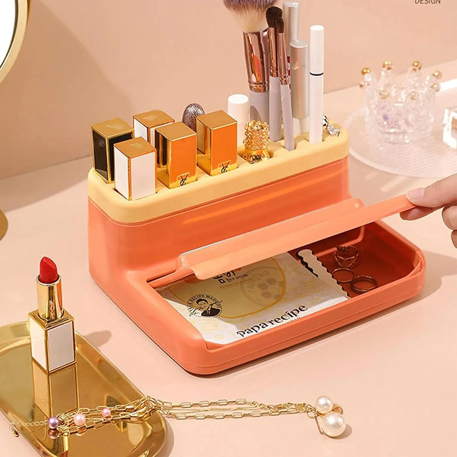 Plastic Makeup Brush Holder, Cosmetic Storage Box, Multipurpose Desktop Storage Box, Beauty Tool Organizer Stand for Storing Makeup Brushes Lipsticks Lip Glazes Brushes-Orange