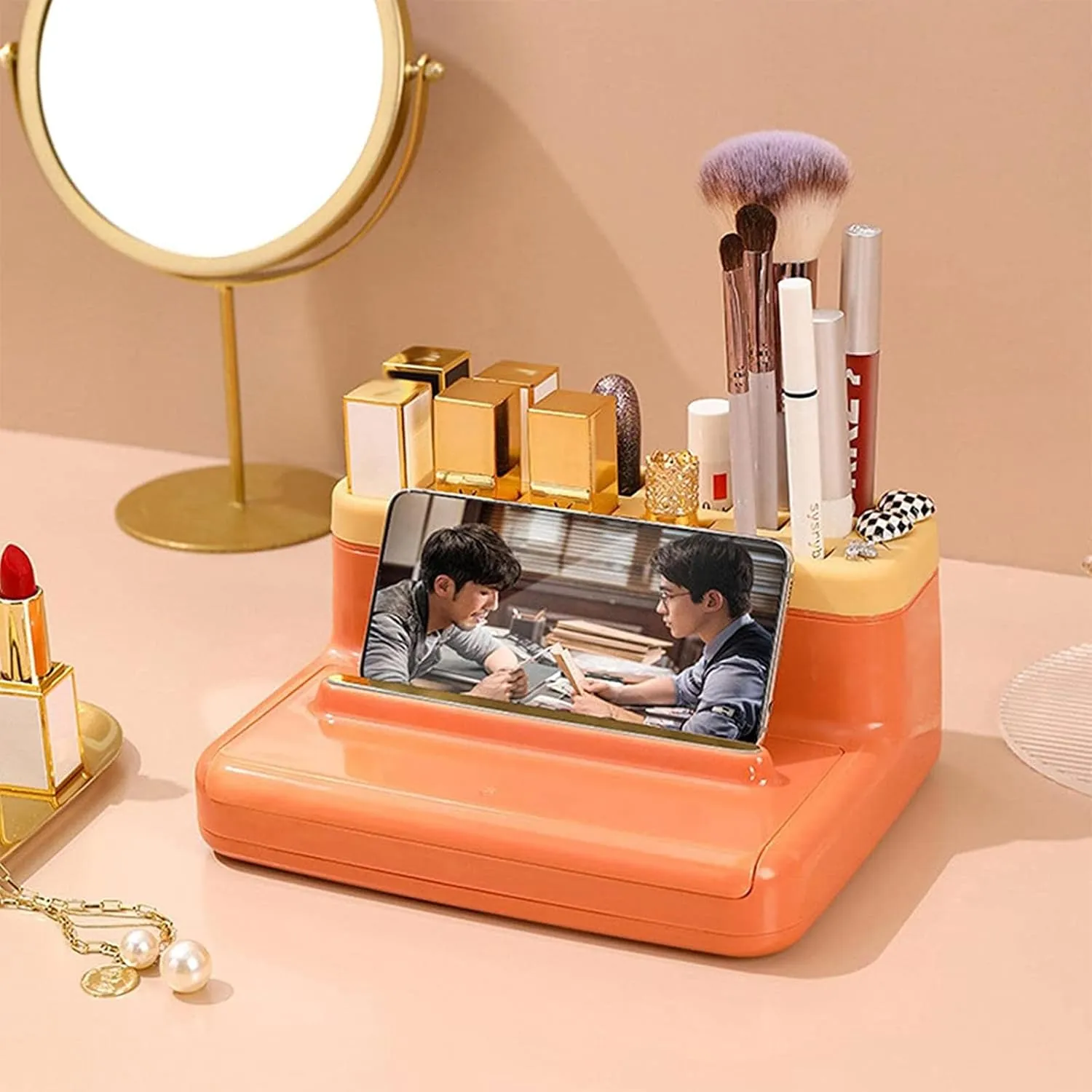 Plastic Makeup Brush Holder, Cosmetic Storage Box, Multipurpose Desktop Storage Box, Beauty Tool Organizer Stand for Storing Makeup Brushes Lipsticks Lip Glazes Brushes-Orange