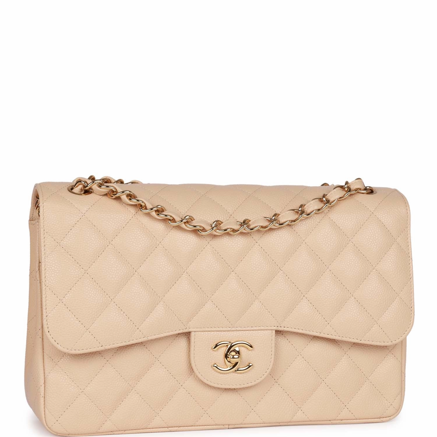 Pre-owned Chanel Jumbo Classic Double Flap Bag Beige Caviar Gold Hardware
