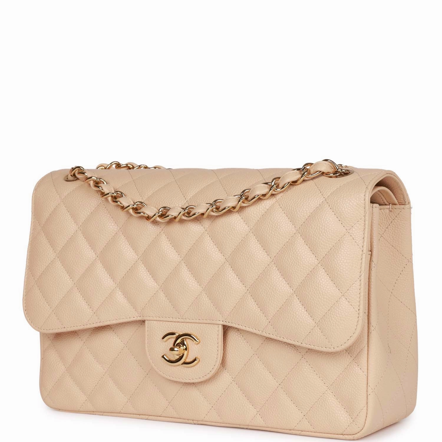 Pre-owned Chanel Jumbo Classic Double Flap Bag Beige Caviar Gold Hardware
