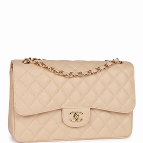 Pre-owned Chanel Jumbo Classic Double Flap Bag Beige Caviar Gold Hardware