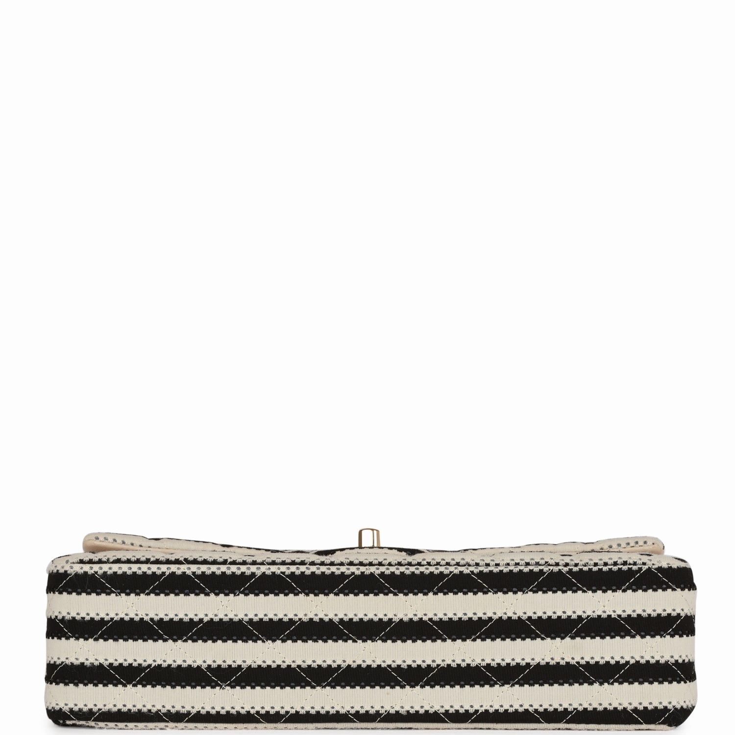 Pre-owned Chanel Medium Classic Double Flap Bag Black and Beige Striped Silk Light Gold Hardware