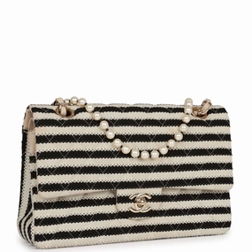 Pre-owned Chanel Medium Classic Double Flap Bag Black and Beige Striped Silk Light Gold Hardware