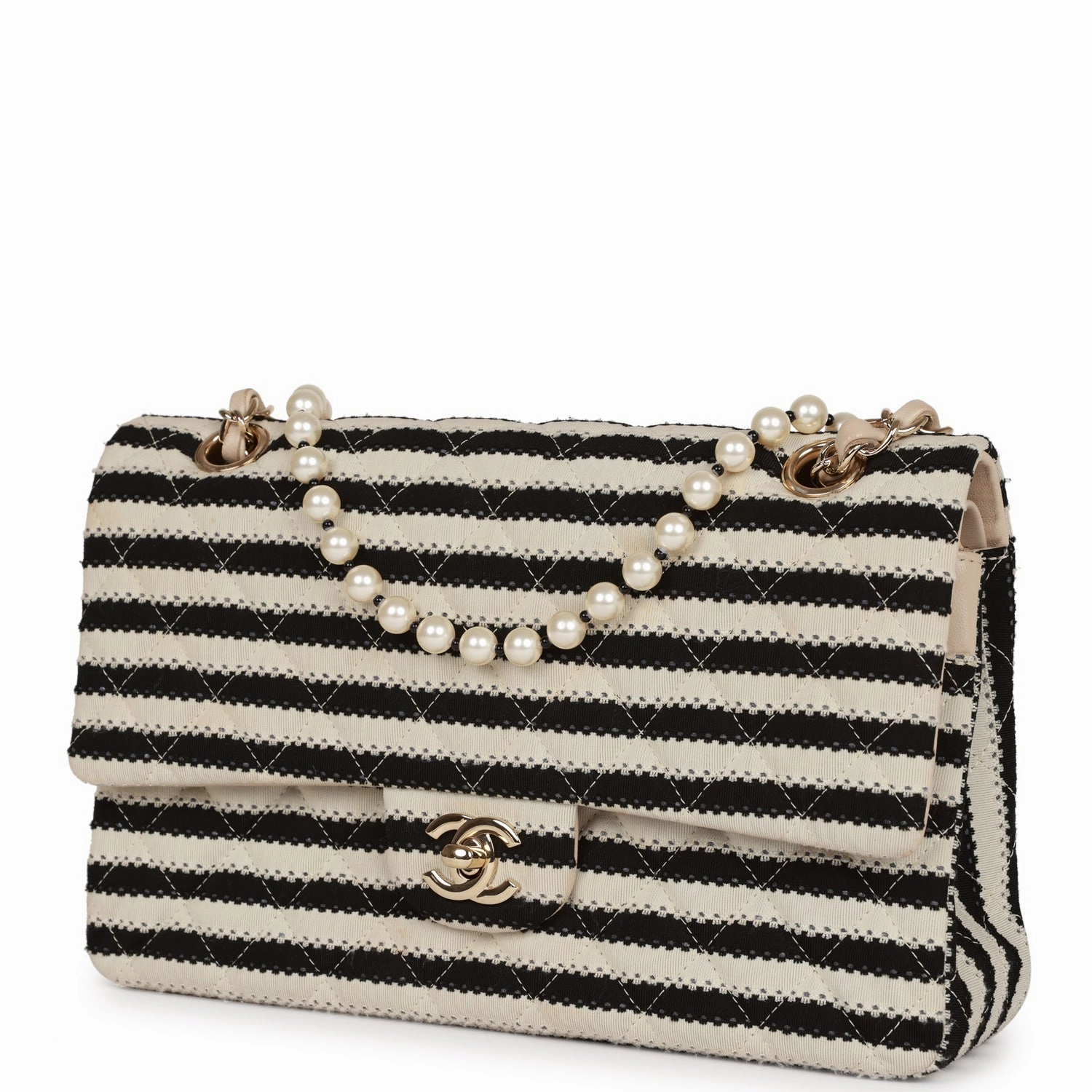 Pre-owned Chanel Medium Classic Double Flap Bag Black and Beige Striped Silk Light Gold Hardware
