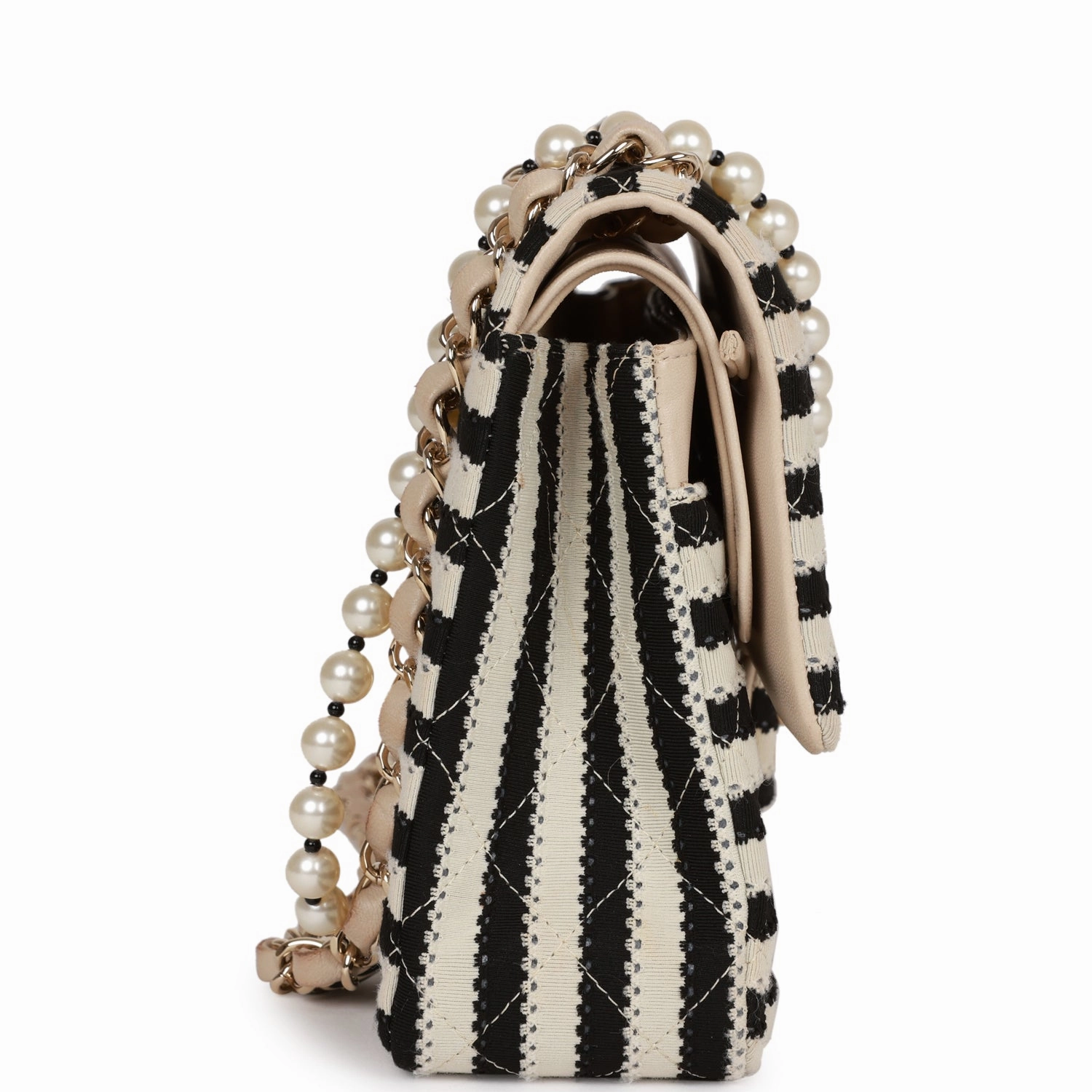Pre-owned Chanel Medium Classic Double Flap Bag Black and Beige Striped Silk Light Gold Hardware