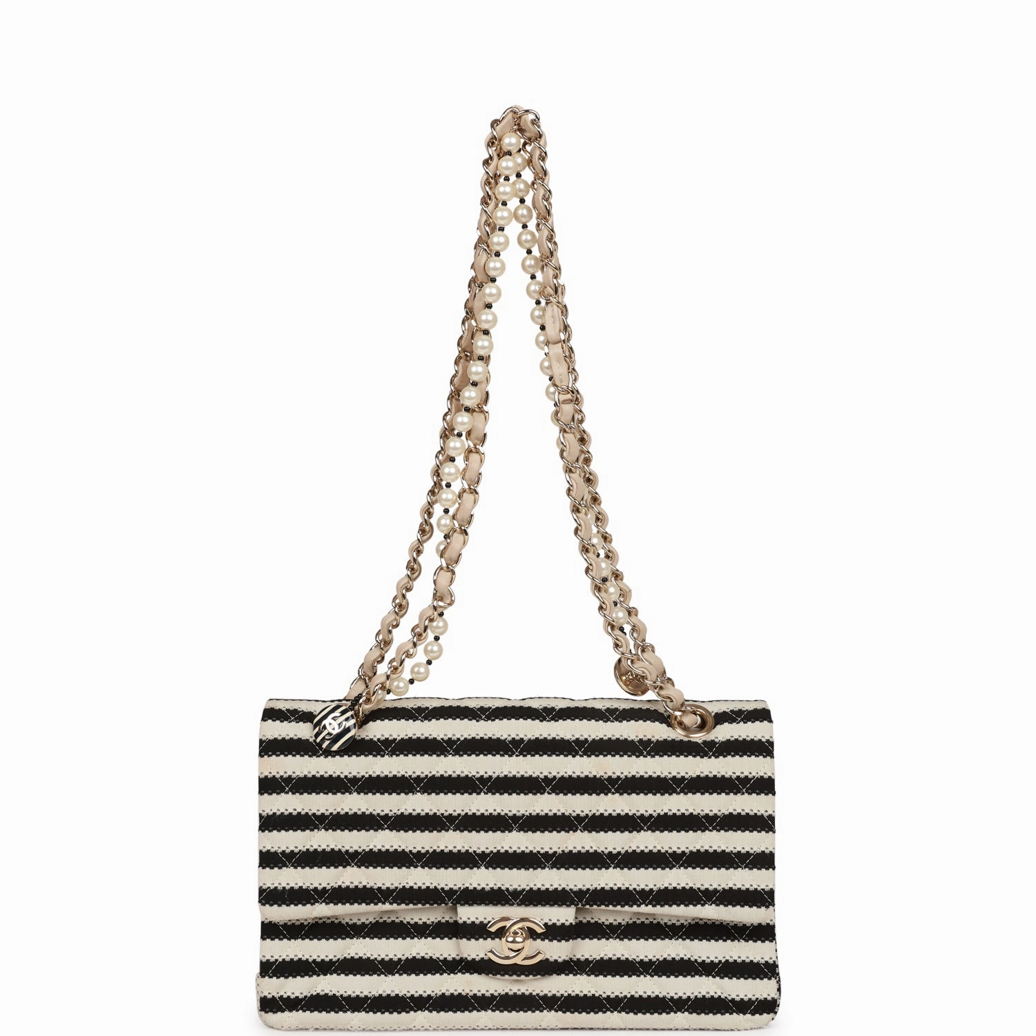 Pre-owned Chanel Medium Classic Double Flap Bag Black and Beige Striped Silk Light Gold Hardware