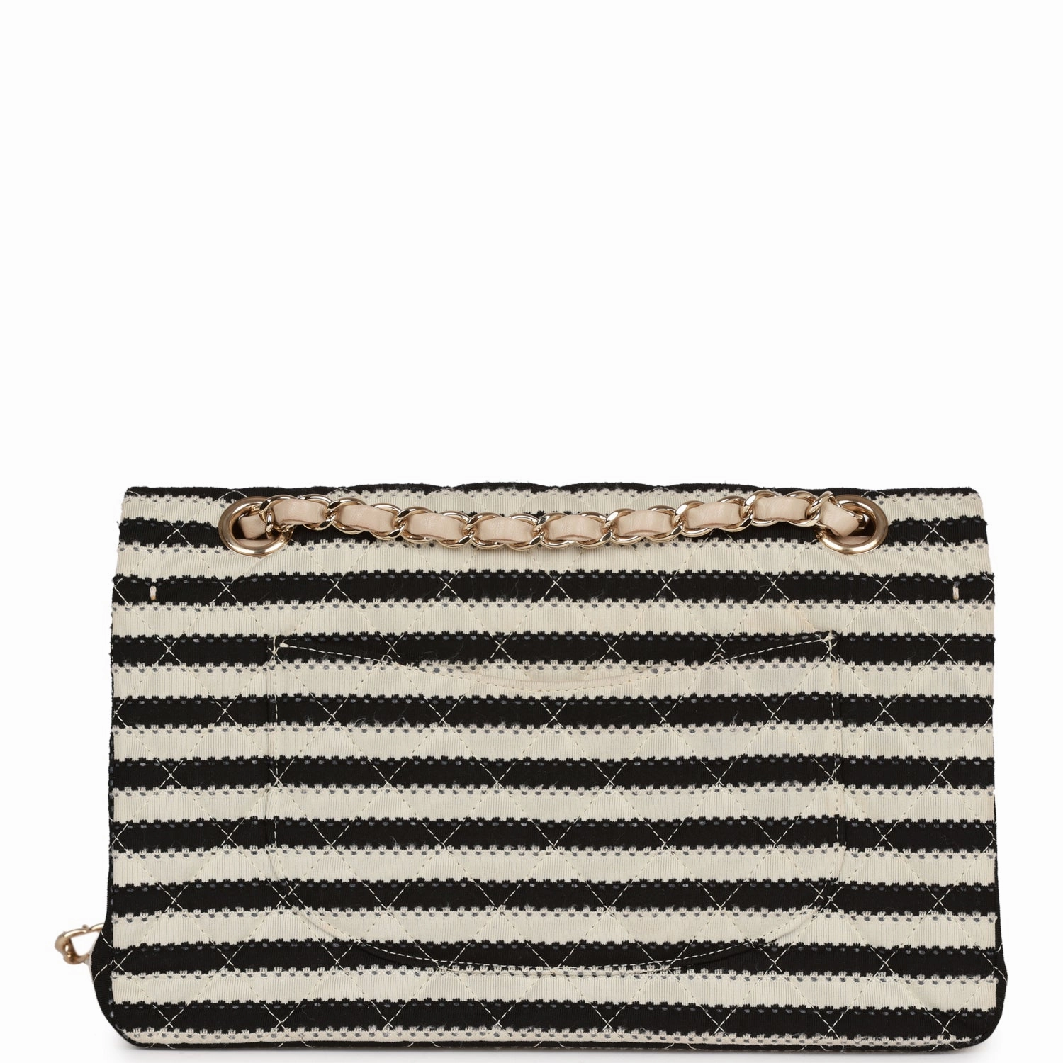 Pre-owned Chanel Medium Classic Double Flap Bag Black and Beige Striped Silk Light Gold Hardware