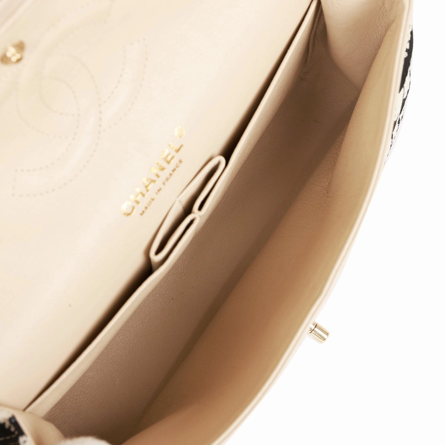 Pre-owned Chanel Medium Classic Double Flap Bag Black and Beige Striped Silk Light Gold Hardware