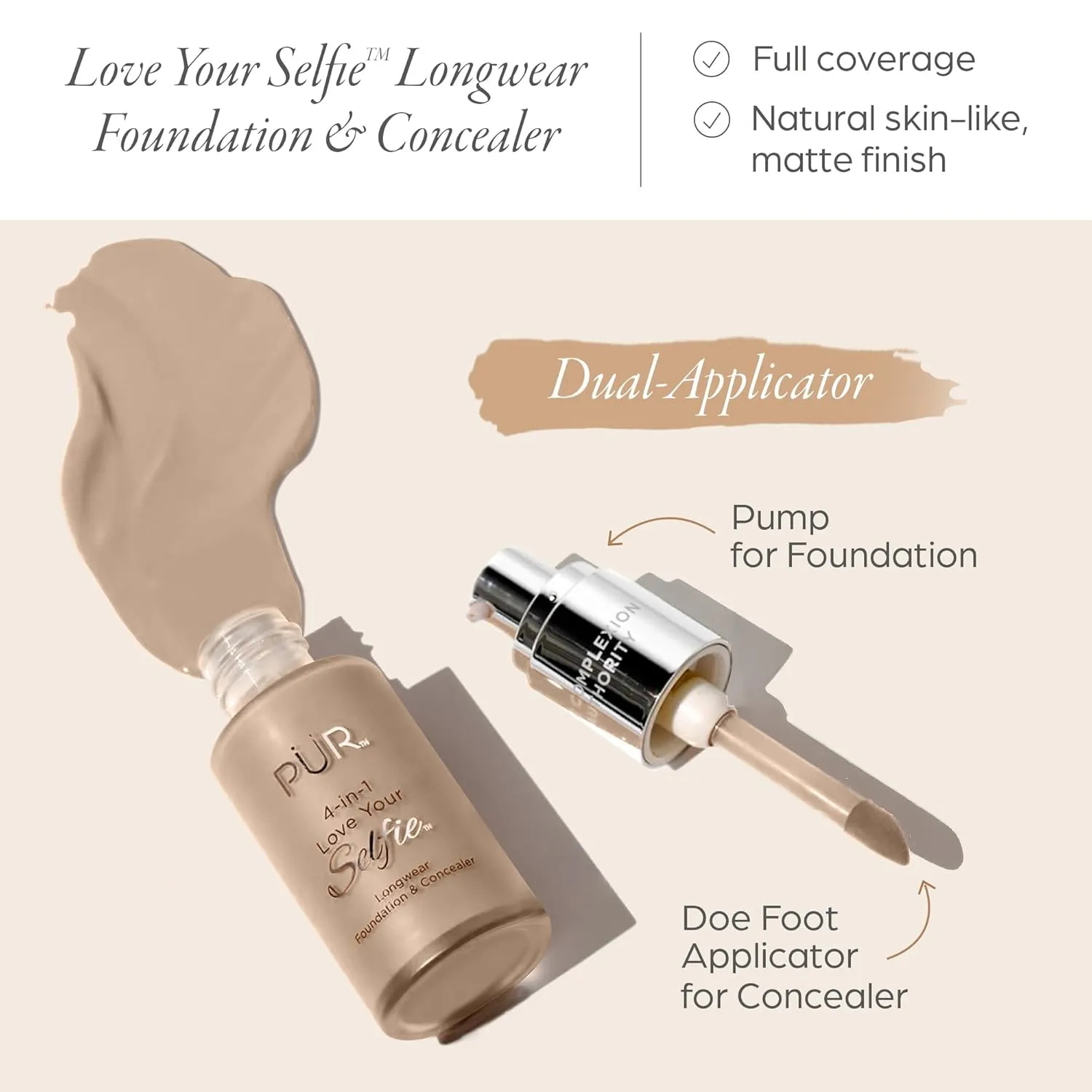 PUR Beauty 4-in-1 Love Your Selfie Foundation & Concealer - Longwear Full Coverage Liquid Makeup Foundation with Hydrating Blend for Refined-Looking, Natural Beauty Glow, Skin Texture & Tone