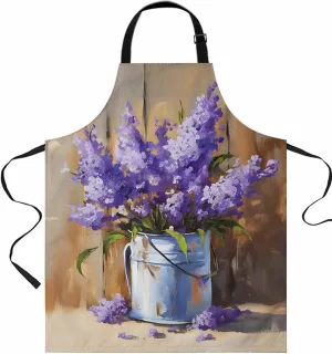 Purple Lavender Waterproof Apron With Pockets, Farmhouse Abstract Oil Painting Flower Kitchen Chefs Bib Cooking BBQ Grill Bake Adjustable Aprons for Women/Kids Home Garden Grooming Painting Gardening