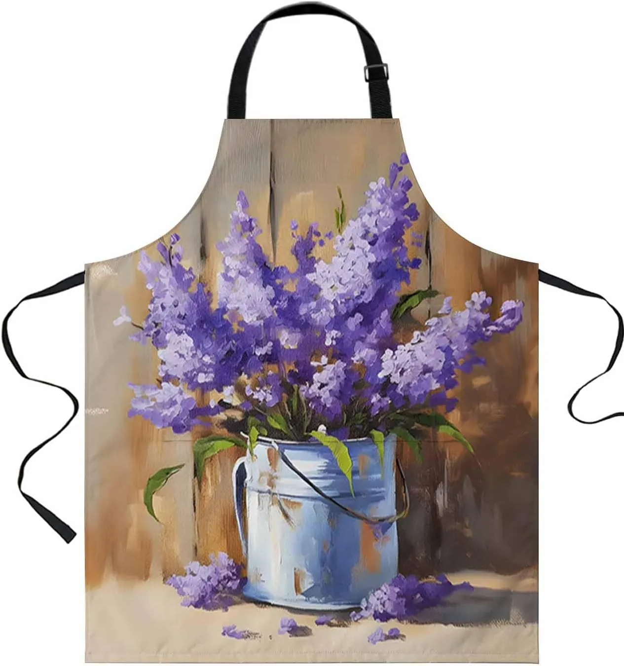 Purple Lavender Waterproof Apron With Pockets, Farmhouse Abstract Oil Painting Flower Kitchen Chefs Bib Cooking BBQ Grill Bake Adjustable Aprons for Women/Kids Home Garden Grooming Painting Gardening