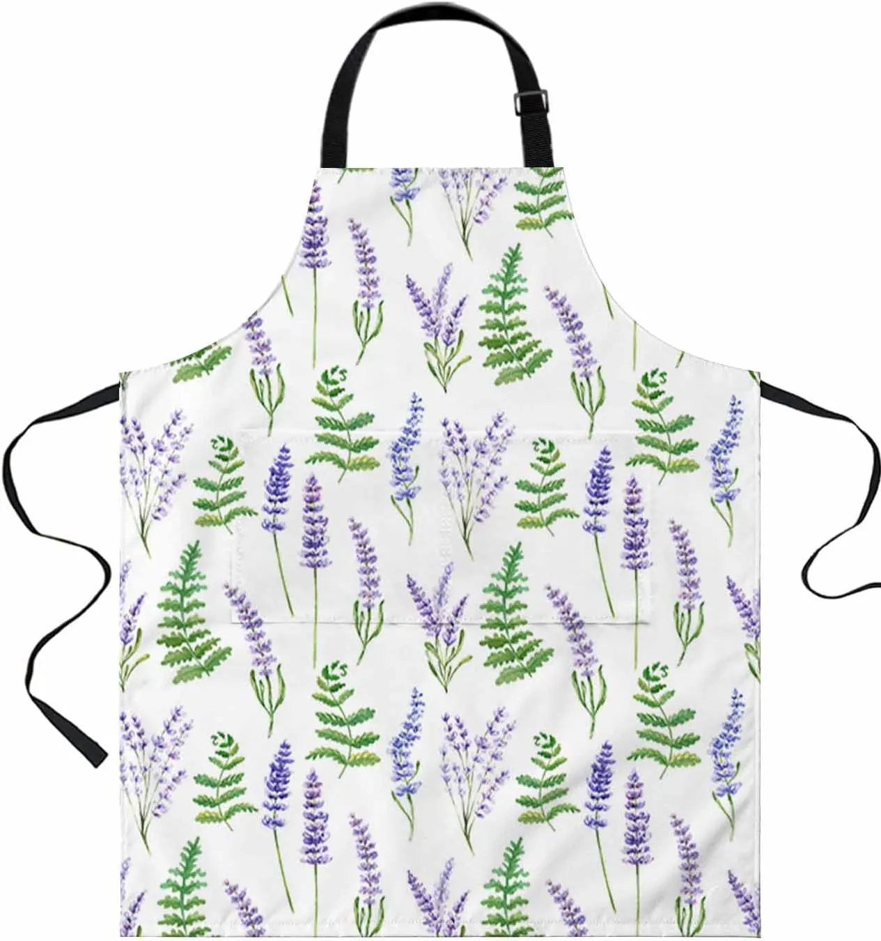 Purple Lavender Waterproof Apron With Pockets,Green Leaves Spring Summer Botanical White Kitchen Chefs Bib Cooking BBQ Grill Bake Adjustable Aprons for Women Home Garden Grooming Painting Gardening