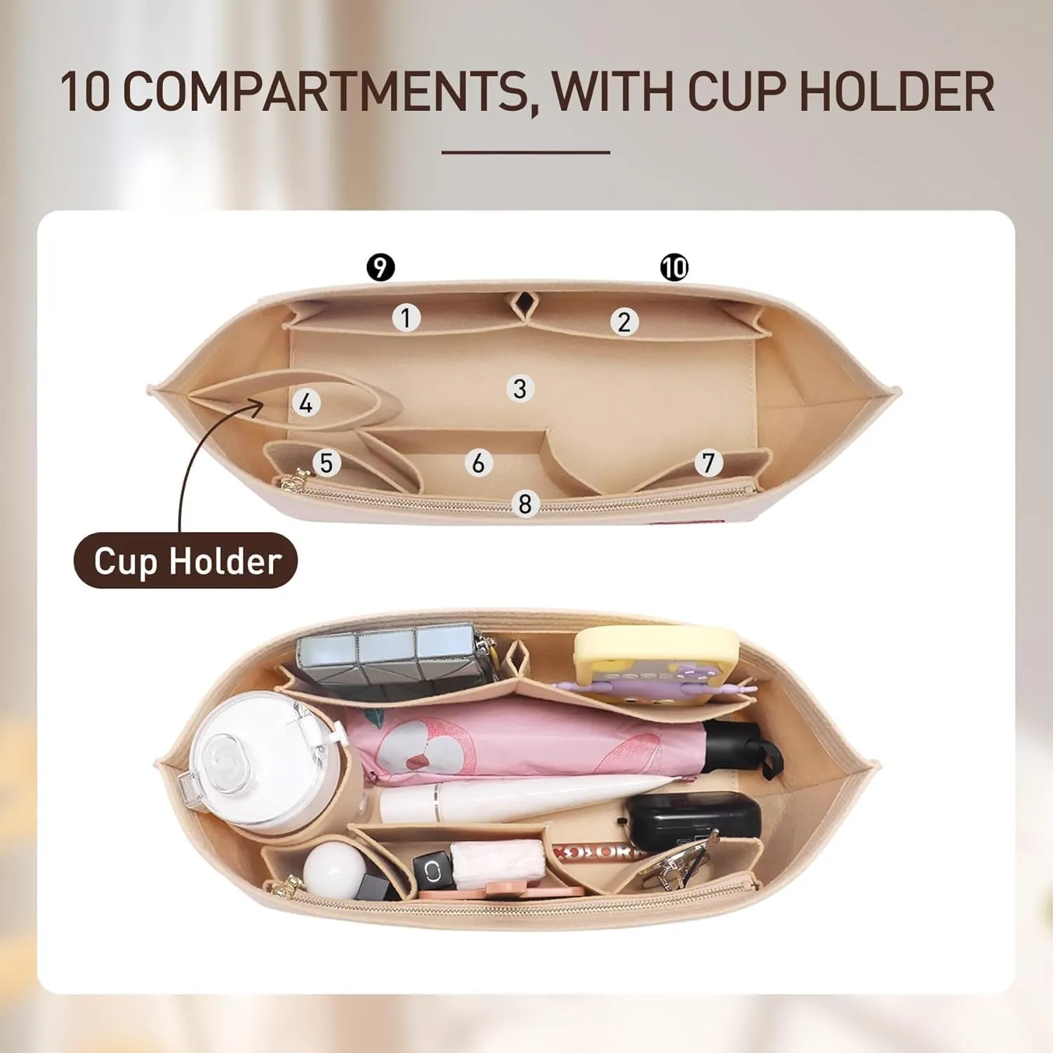 Purse Organizer Insert Compatible with Neverfull GM and More, Bag Liner Shaper for Tote Handbags, Beige, XL