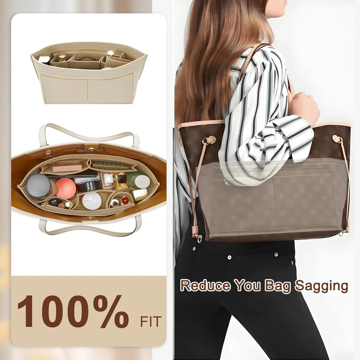Purse Organizer Insert Compatible with Neverfull GM and More, Bag Liner Shaper for Tote Handbags, Beige, XL