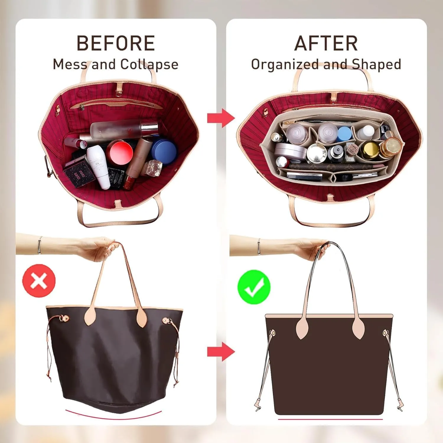 Purse Organizer Insert Compatible with Neverfull GM and More, Bag Liner Shaper for Tote Handbags, Beige, XL