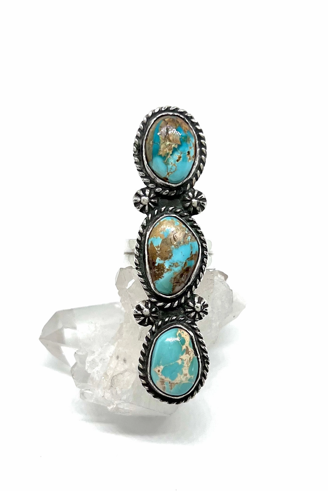 Robert Yellowhorse Triple Stone Long Green Turquoise Ring (Size 7 1/2)
