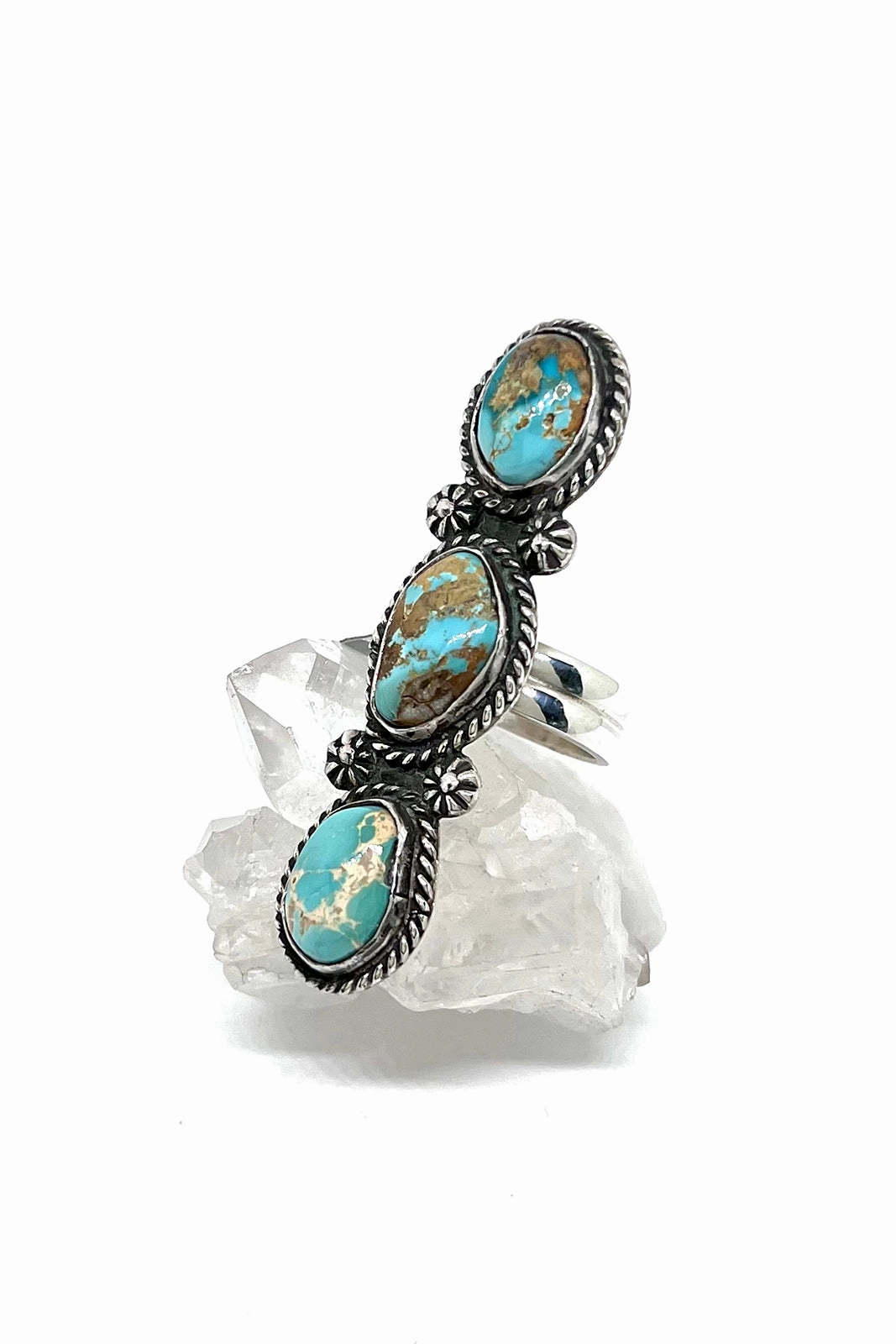 Robert Yellowhorse Triple Stone Long Green Turquoise Ring (Size 7 1/2)