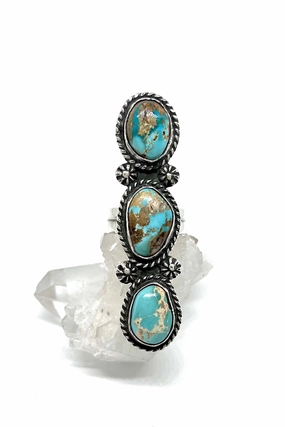 Robert Yellowhorse Triple Stone Long Green Turquoise Ring (Size 7 1/2)
