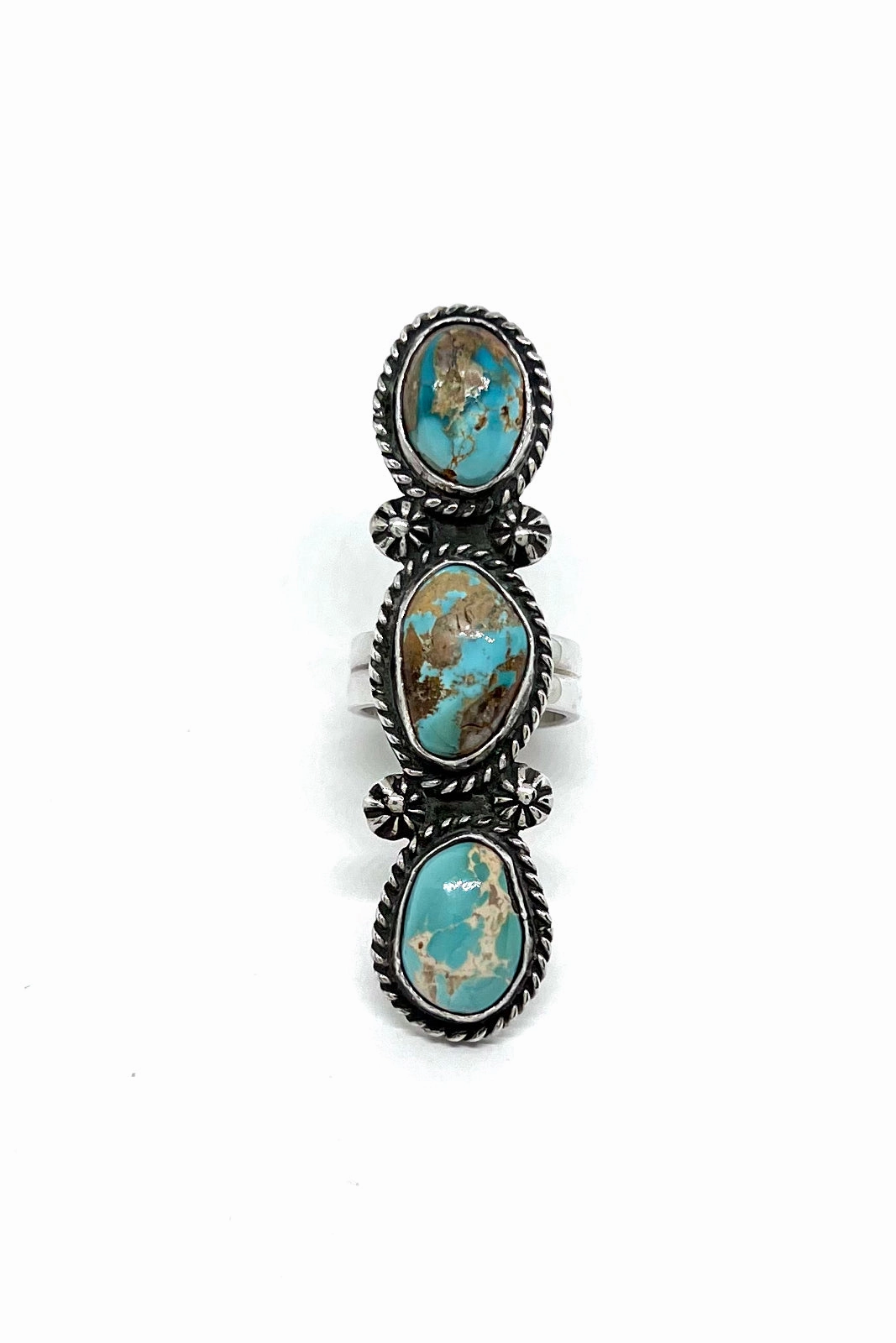 Robert Yellowhorse Triple Stone Long Green Turquoise Ring (Size 7 1/2)