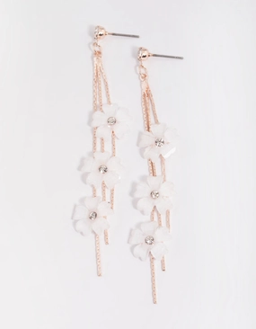 Rose Gold White Flower Drop Earrings