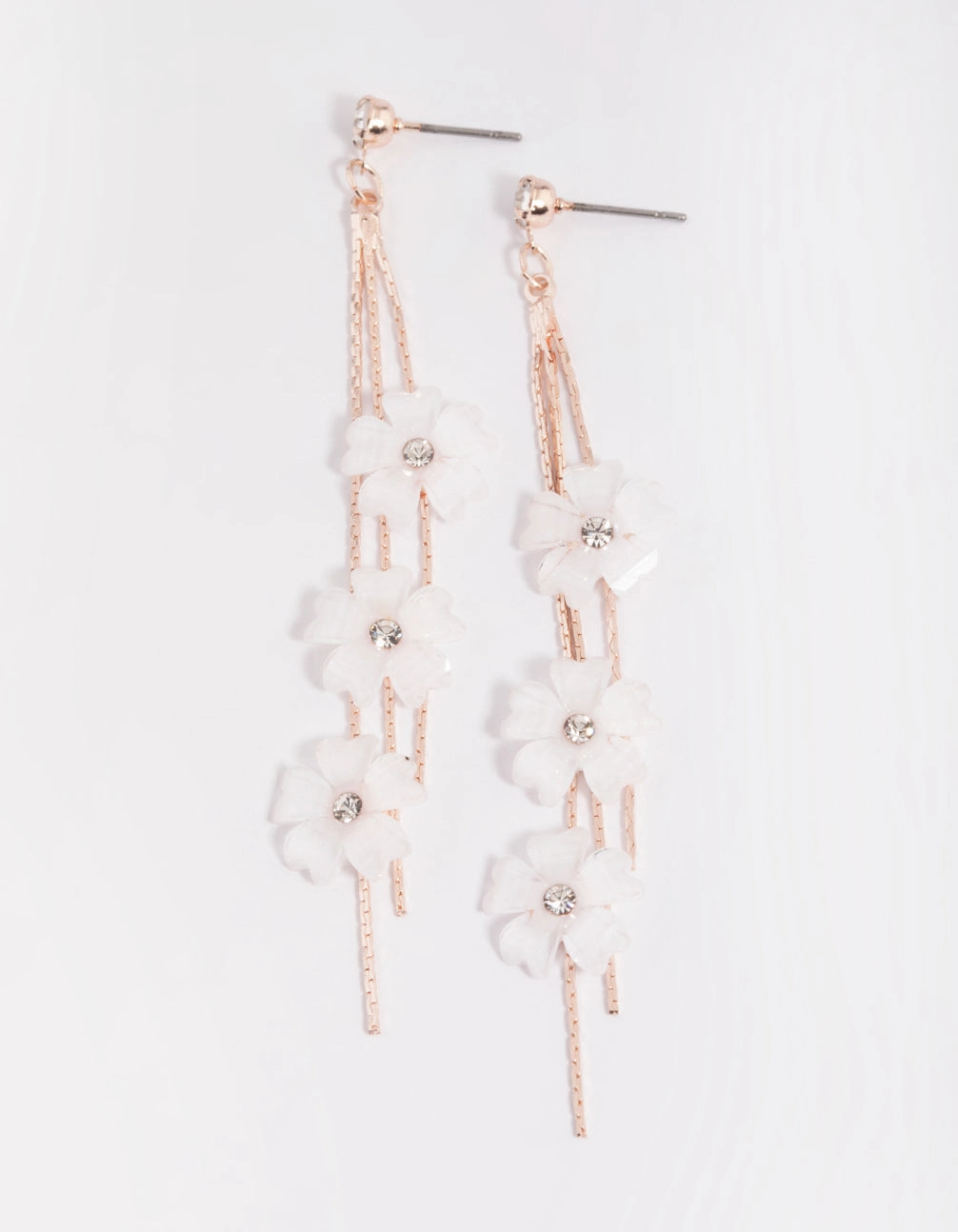 Rose Gold White Flower Drop Earrings