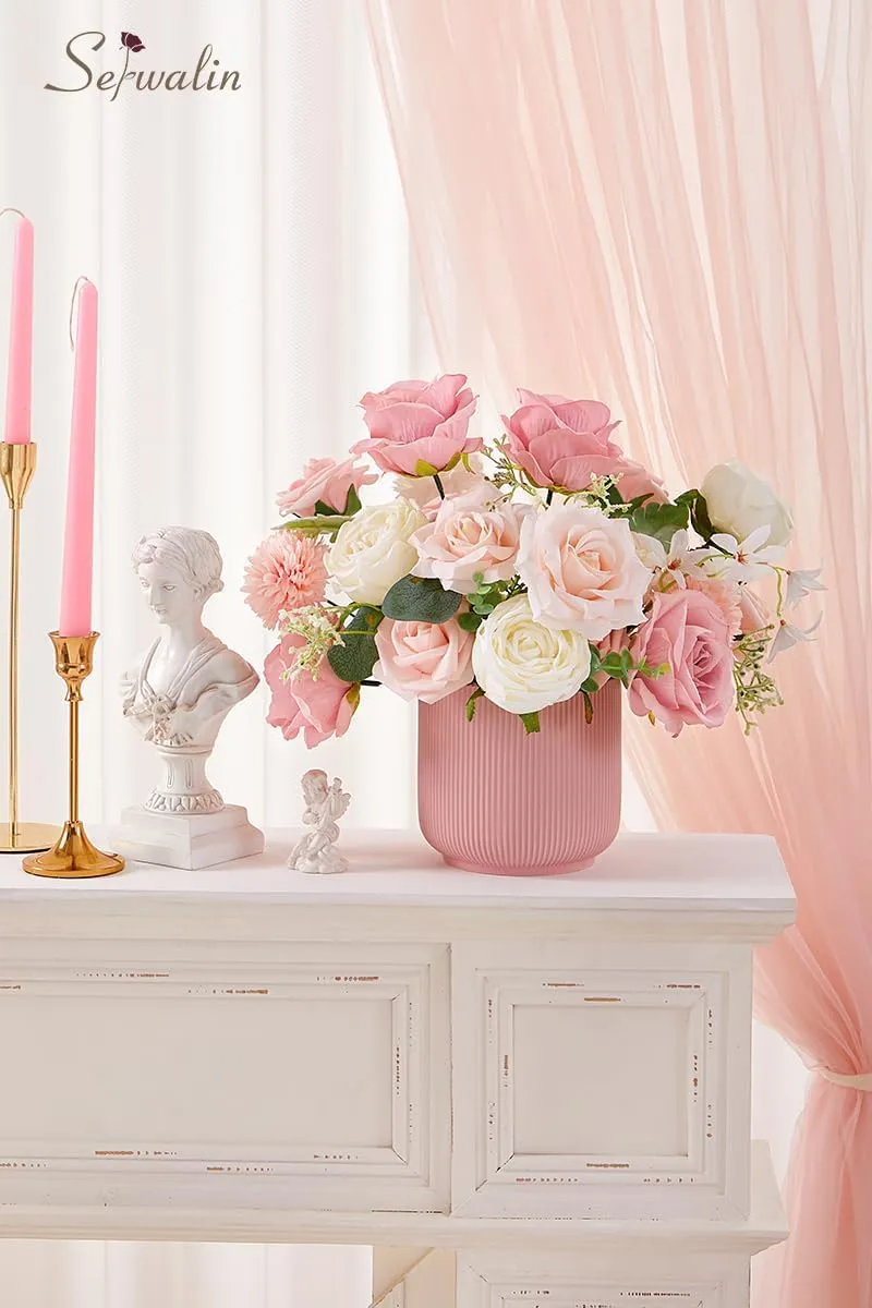 Serwalin Artificial Flowers Fake Silk Flowers for DIY Wedding Bouquets Cake Decoration Mixed Roses Combo Blush Pink and White Flower Centerpieces Arrangements for Party Table Chair Decor