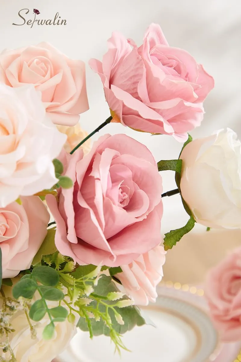 Serwalin Artificial Flowers Fake Silk Flowers for DIY Wedding Bouquets Cake Decoration Mixed Roses Combo Blush Pink and White Flower Centerpieces Arrangements for Party Table Chair Decor