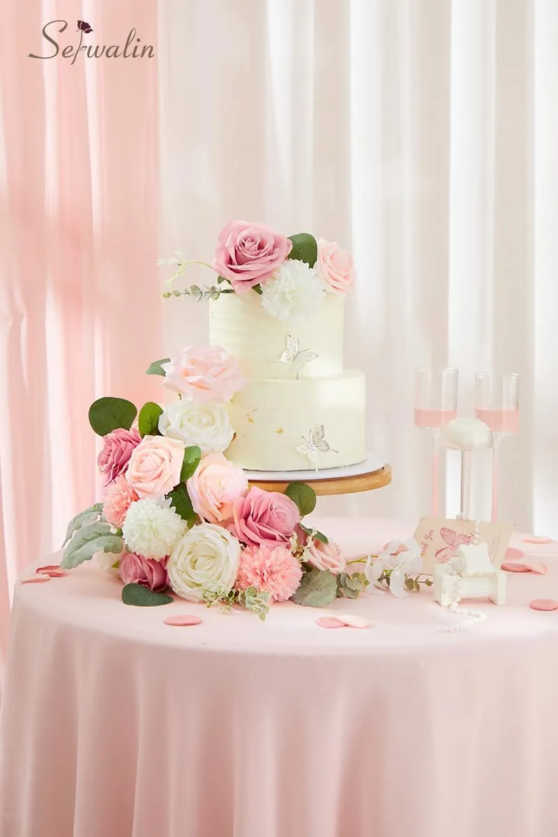 Serwalin Artificial Flowers Fake Silk Flowers for DIY Wedding Bouquets Cake Decoration Mixed Roses Combo Blush Pink and White Flower Centerpieces Arrangements for Party Table Chair Decor