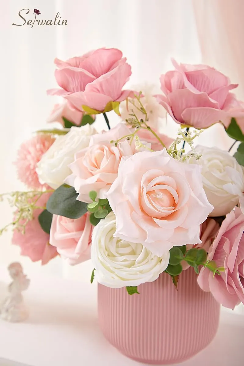 Serwalin Artificial Flowers Fake Silk Flowers for DIY Wedding Bouquets Cake Decoration Mixed Roses Combo Blush Pink and White Flower Centerpieces Arrangements for Party Table Chair Decor