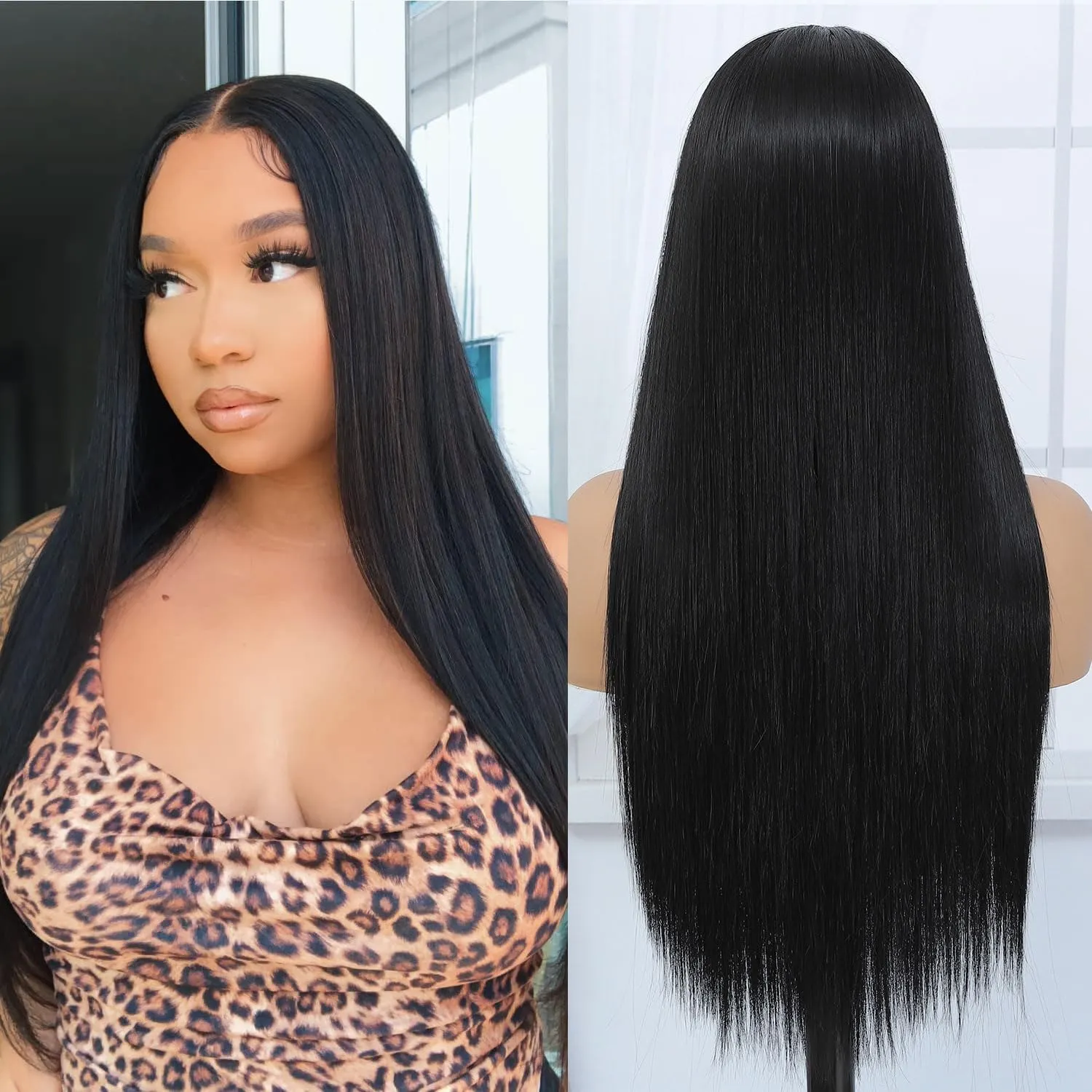 Silk Straight Synthetic Lace Front Wig Pre Plucked Wear And Go Glueless Wig HD Synthetic Lace Front Wigs for Women 180 Density 26 inch Black Natural Looking Hair (Black)