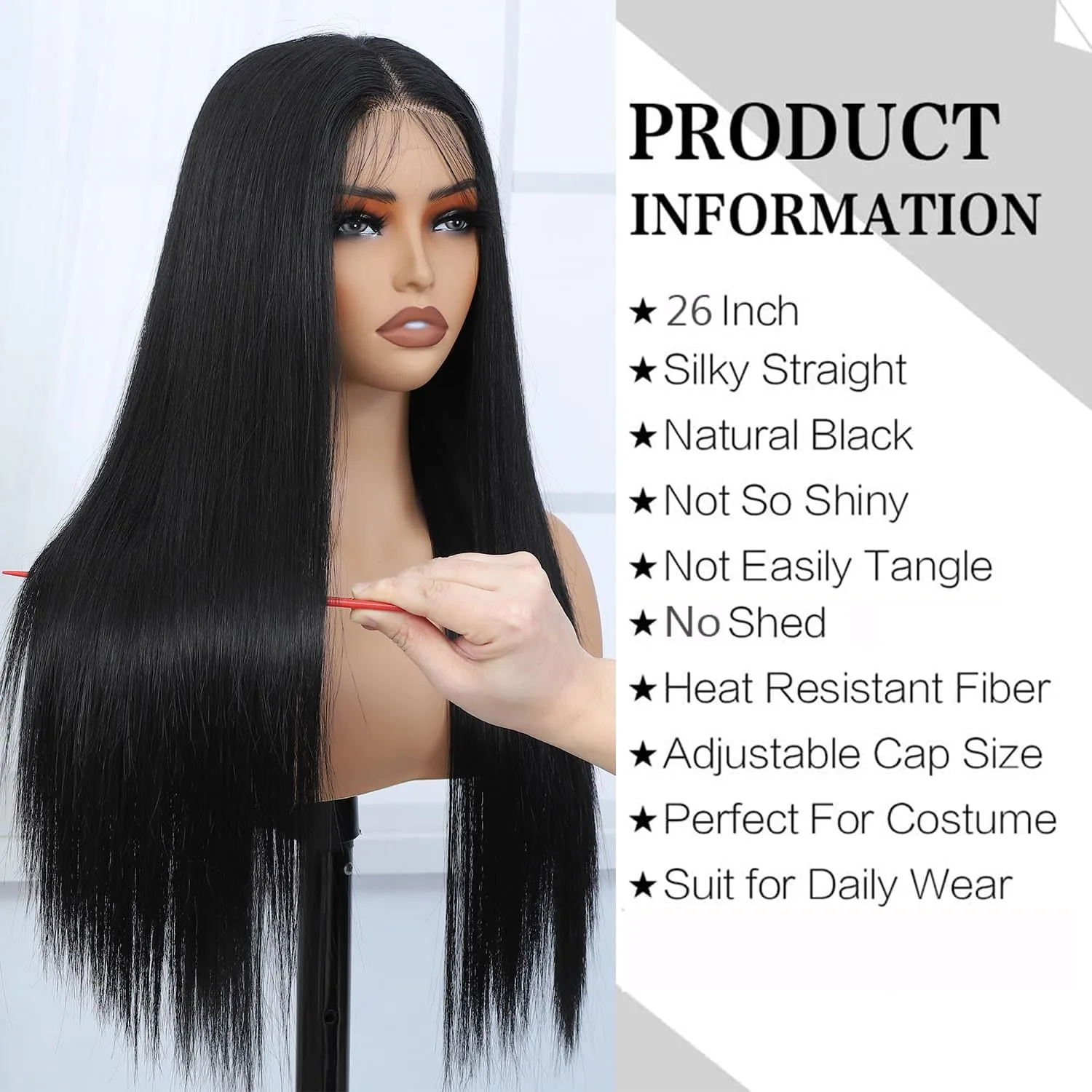 Silk Straight Synthetic Lace Front Wig Pre Plucked Wear And Go Glueless Wig HD Synthetic Lace Front Wigs for Women 180 Density 26 inch Black Natural Looking Hair (Black)