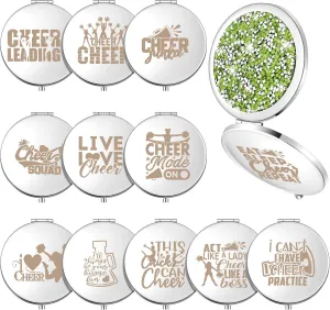 Sintuff 12 Pcs Cheer Gifts for Cheerleaders Compact Mirror Bulk for Cheer Team Coach Cheerleading Gifts Folding Pocket Cosmetic Purse Mirror Accessories(Green, Silver)