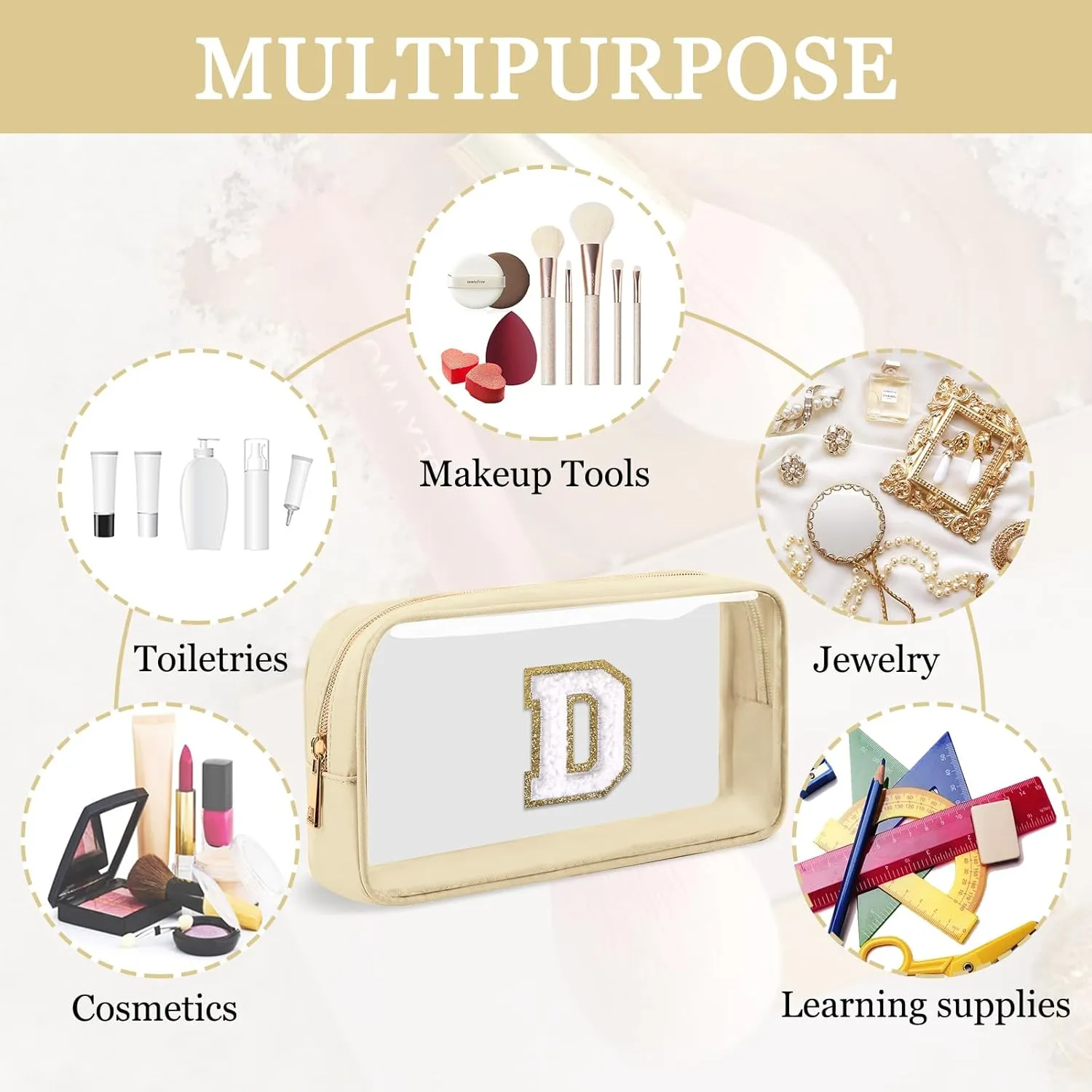Small Clear Personalized Initial Makeup Bag,Nylon Preppy A-Z Chenille Letter Patch Cosmetic Pouch Beach Toiletry Bag,Waterproof Zipper Travel Purse Storage Bag Organizer for Women Girls(Beige-White D)