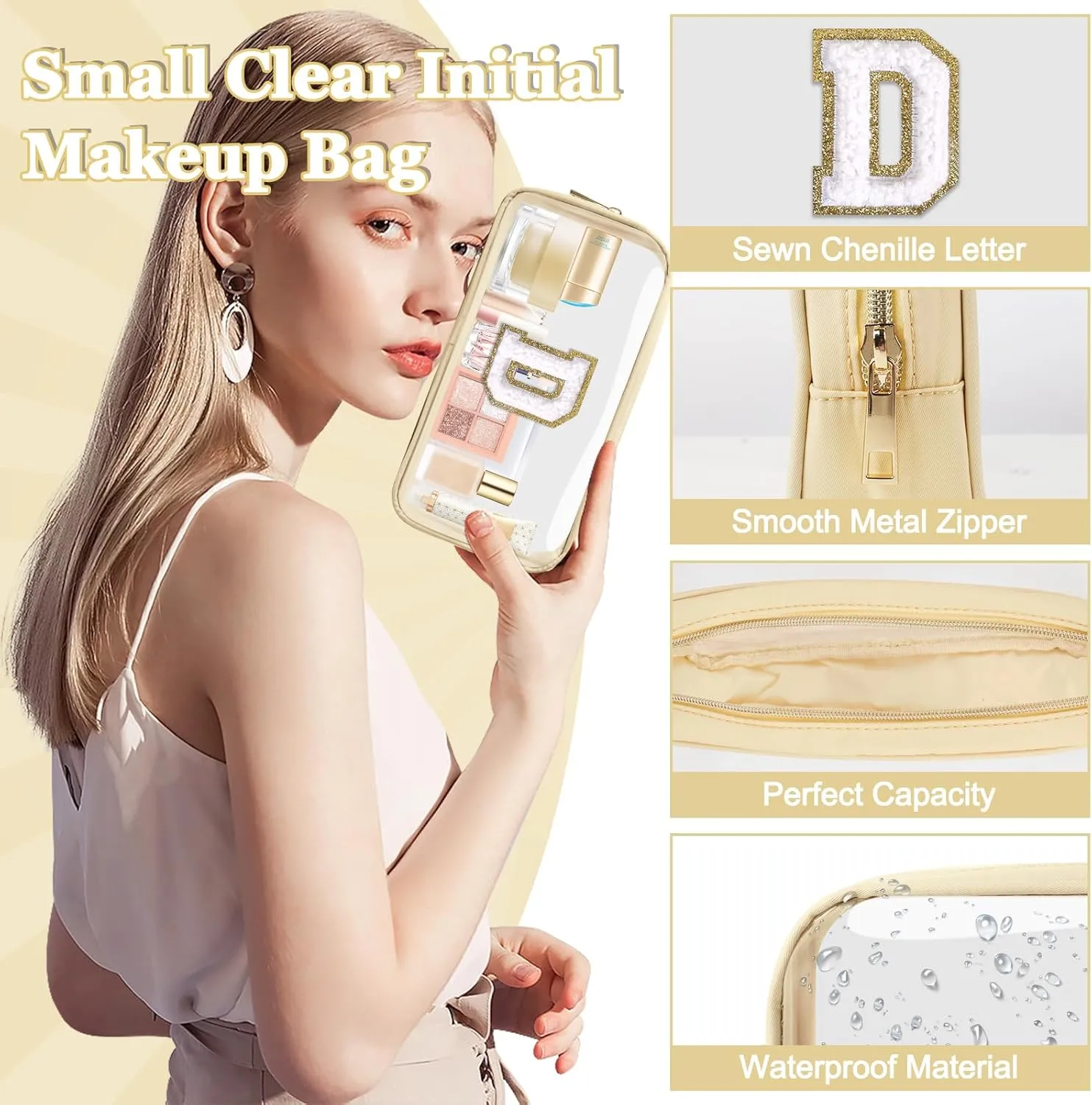 Small Clear Personalized Initial Makeup Bag,Nylon Preppy A-Z Chenille Letter Patch Cosmetic Pouch Beach Toiletry Bag,Waterproof Zipper Travel Purse Storage Bag Organizer for Women Girls(Beige-White D)