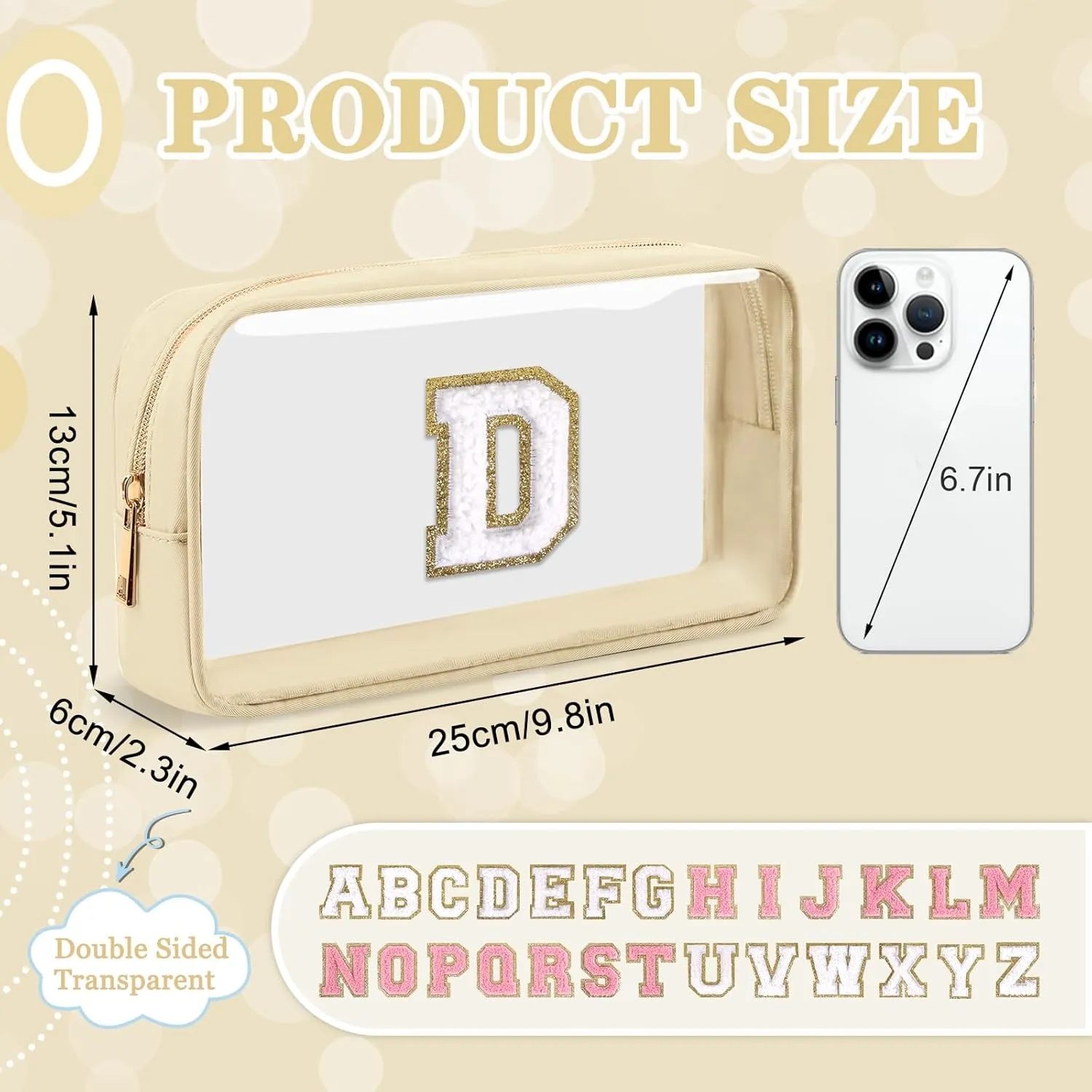 Small Clear Personalized Initial Makeup Bag,Nylon Preppy A-Z Chenille Letter Patch Cosmetic Pouch Beach Toiletry Bag,Waterproof Zipper Travel Purse Storage Bag Organizer for Women Girls(Beige-White D)