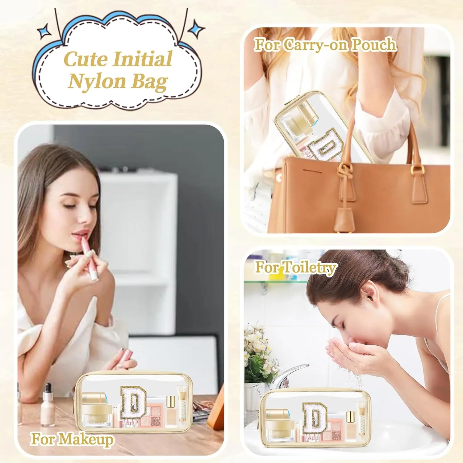 Small Clear Personalized Initial Makeup Bag,Nylon Preppy A-Z Chenille Letter Patch Cosmetic Pouch Beach Toiletry Bag,Waterproof Zipper Travel Purse Storage Bag Organizer for Women Girls(Beige-White D)