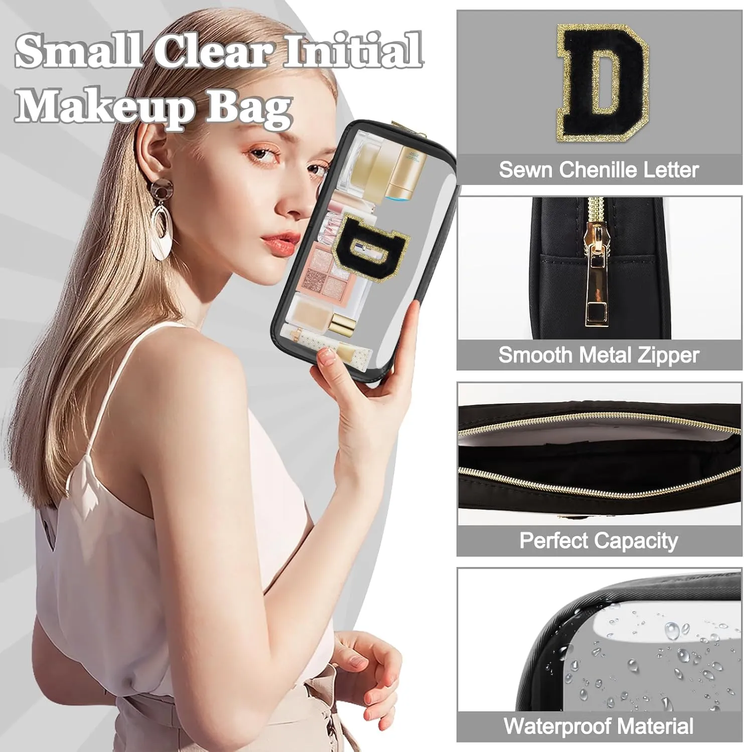 Small Clear Personalized Initial Makeup Bag,Nylon Preppy A-Z Chenille Letter Patch Cosmetic Pouch Beach Toiletry Bag,Waterproof Zipper Travel Purse Storage Bag Organizer for Women Girls(Black-Black D)