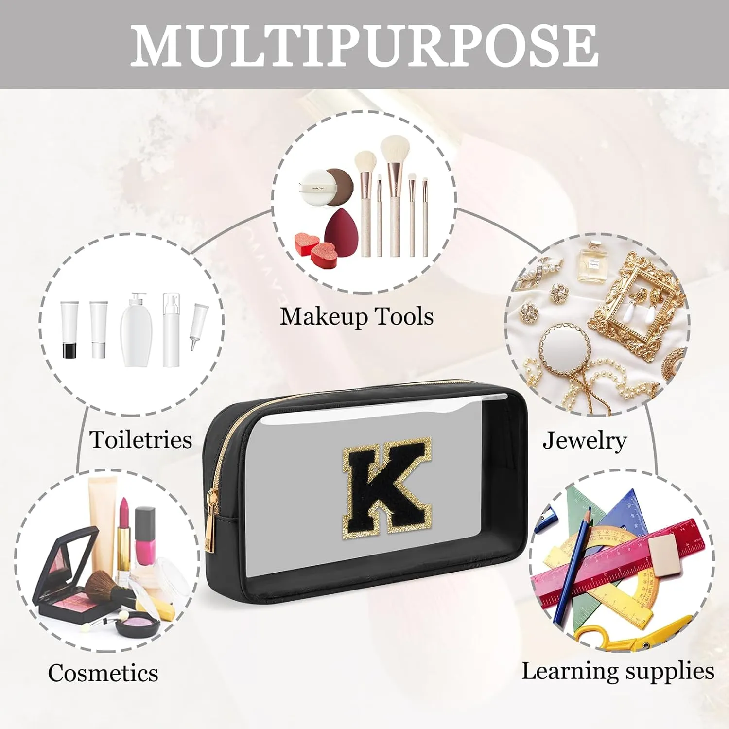 Small Clear Personalized Initial Makeup Bag,Nylon Preppy A-Z Chenille Letter Patch Cosmetic Pouch Beach Toiletry Bag,Waterproof Zipper Travel Purse Storage Bag Organizer for Women Girls(Black-Black K)