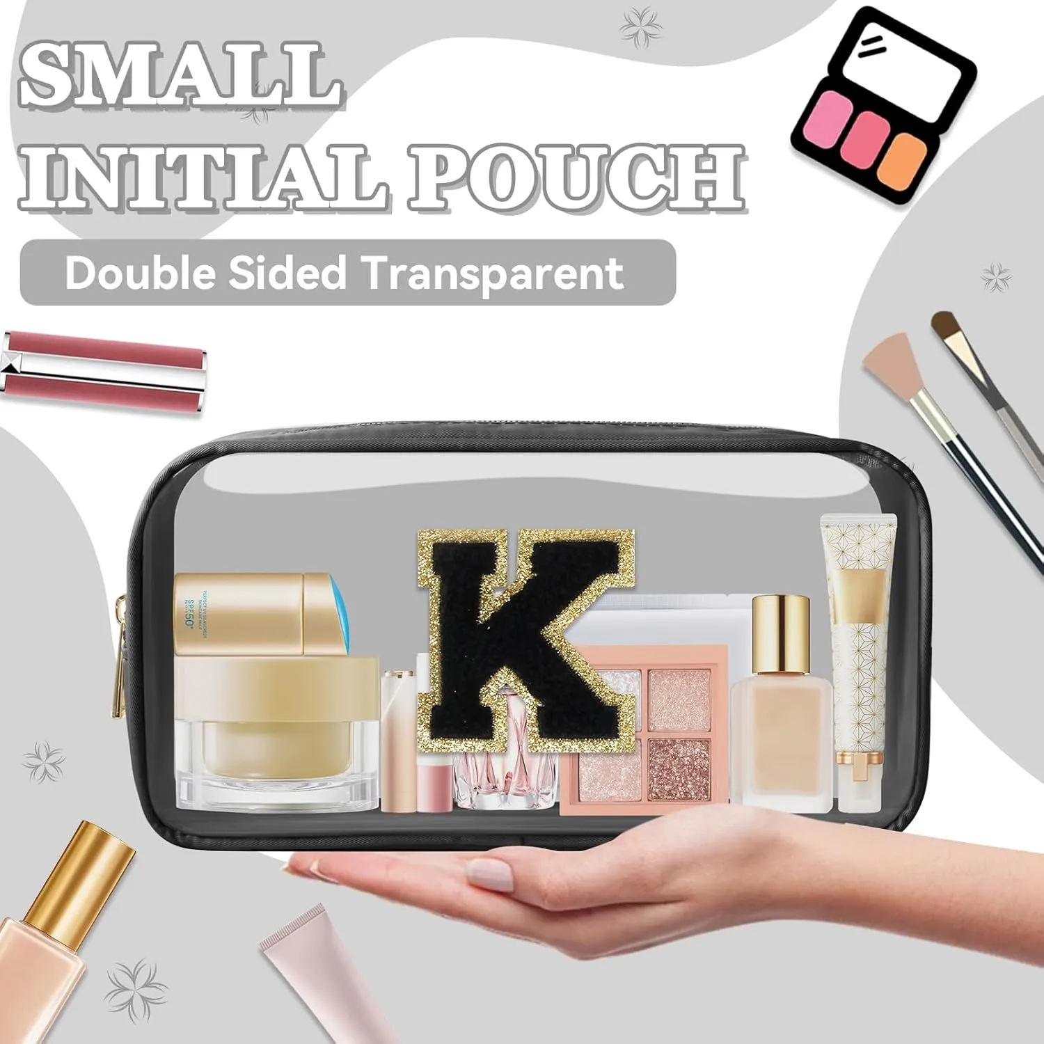 Small Clear Personalized Initial Makeup Bag,Nylon Preppy A-Z Chenille Letter Patch Cosmetic Pouch Beach Toiletry Bag,Waterproof Zipper Travel Purse Storage Bag Organizer for Women Girls(Black-Black K)
