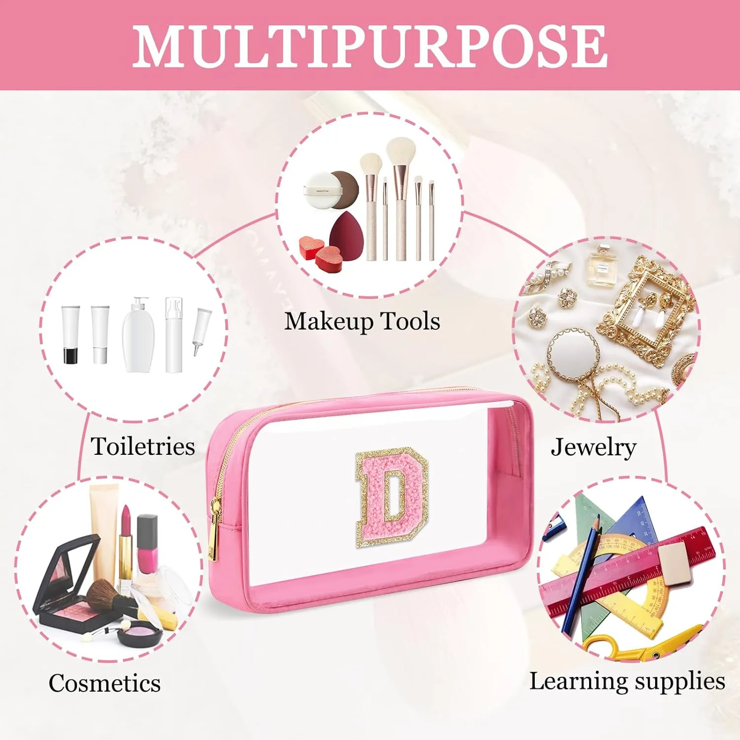 Small Clear Personalized Initial Makeup Bag,Nylon Preppy A-Z Chenille Letter Patch Cosmetic Pouch Beach Toiletry Bag,Waterproof Zipper Travel Purse Storage Bag Organizer for Women Girls(Pink-Pink D)