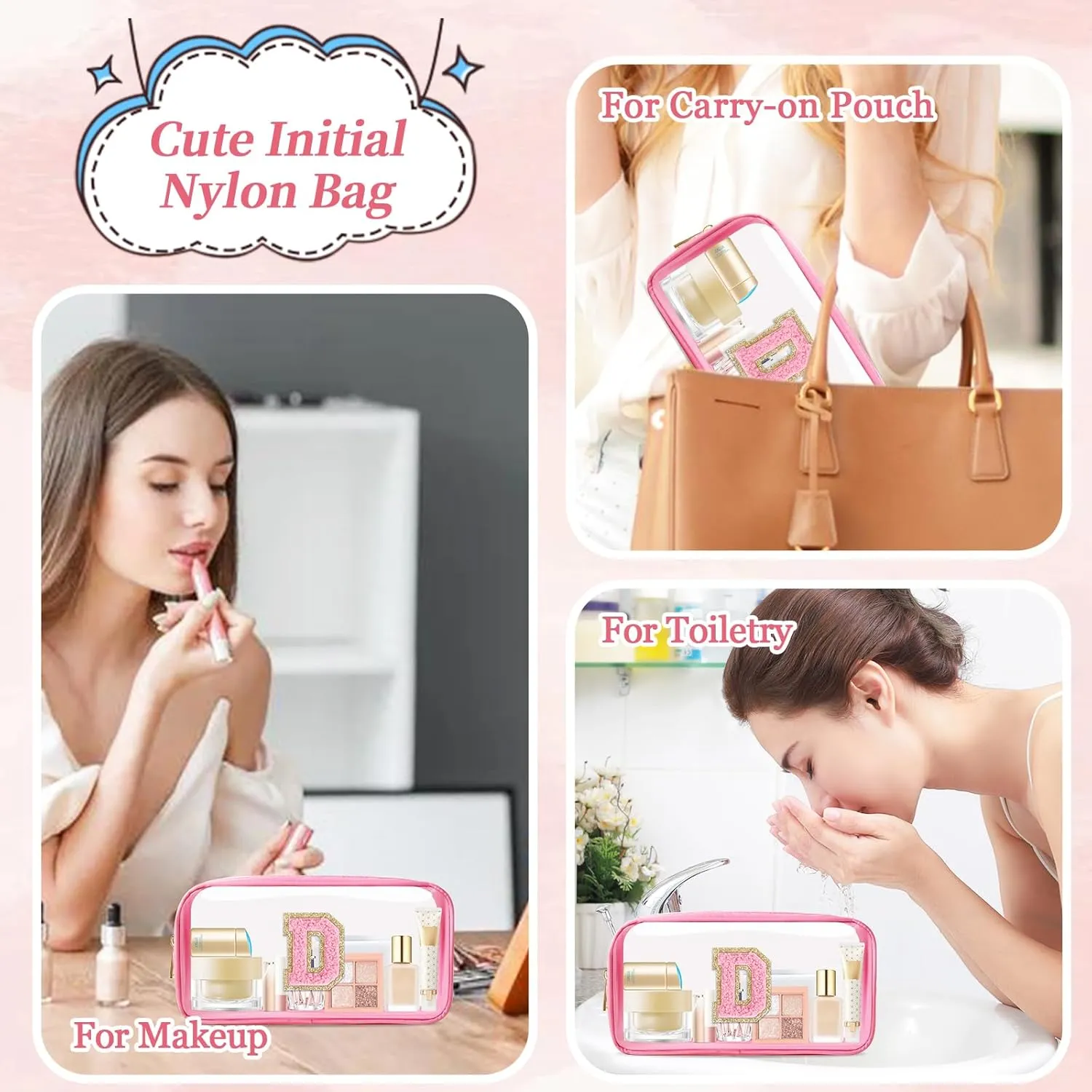 Small Clear Personalized Initial Makeup Bag,Nylon Preppy A-Z Chenille Letter Patch Cosmetic Pouch Beach Toiletry Bag,Waterproof Zipper Travel Purse Storage Bag Organizer for Women Girls(Pink-Pink D)