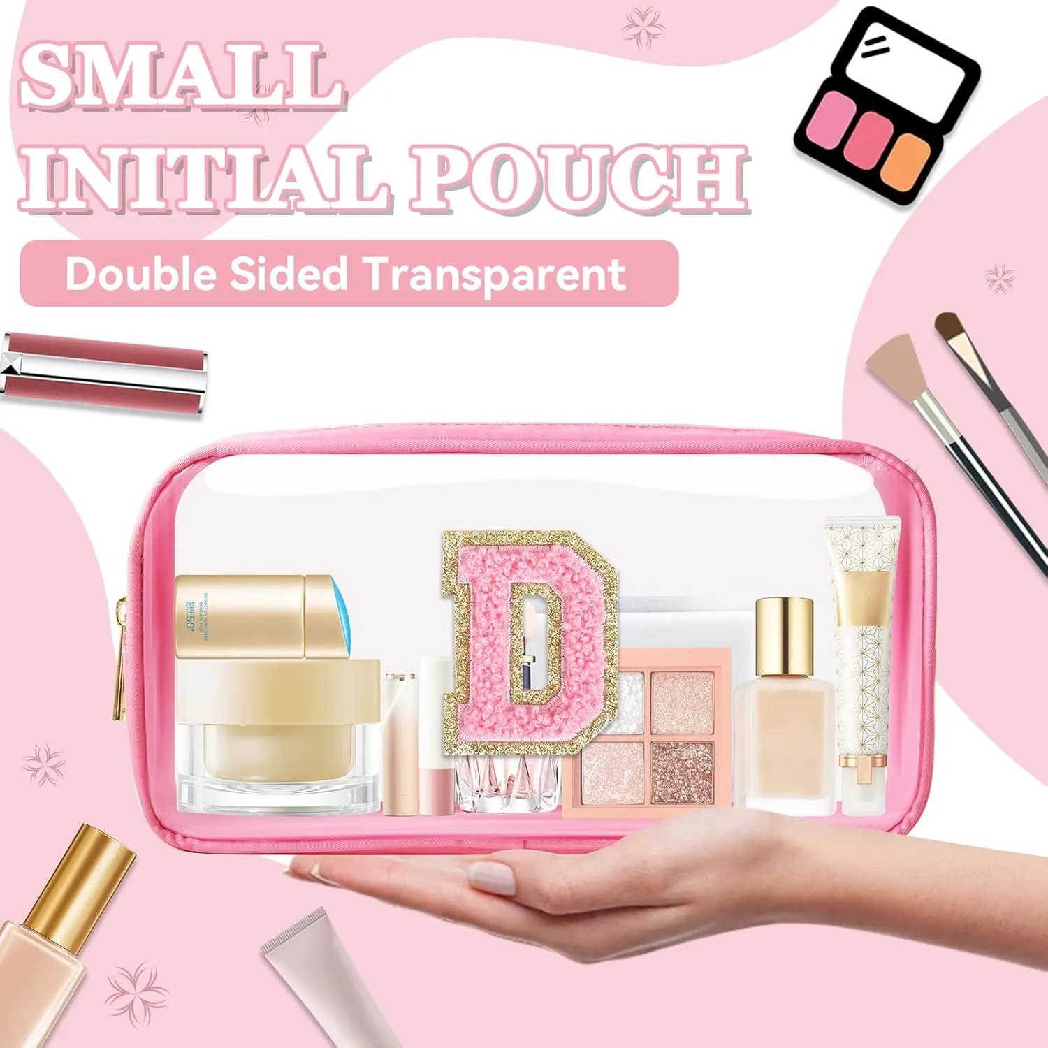 Small Clear Personalized Initial Makeup Bag,Nylon Preppy A-Z Chenille Letter Patch Cosmetic Pouch Beach Toiletry Bag,Waterproof Zipper Travel Purse Storage Bag Organizer for Women Girls(Pink-Pink D)
