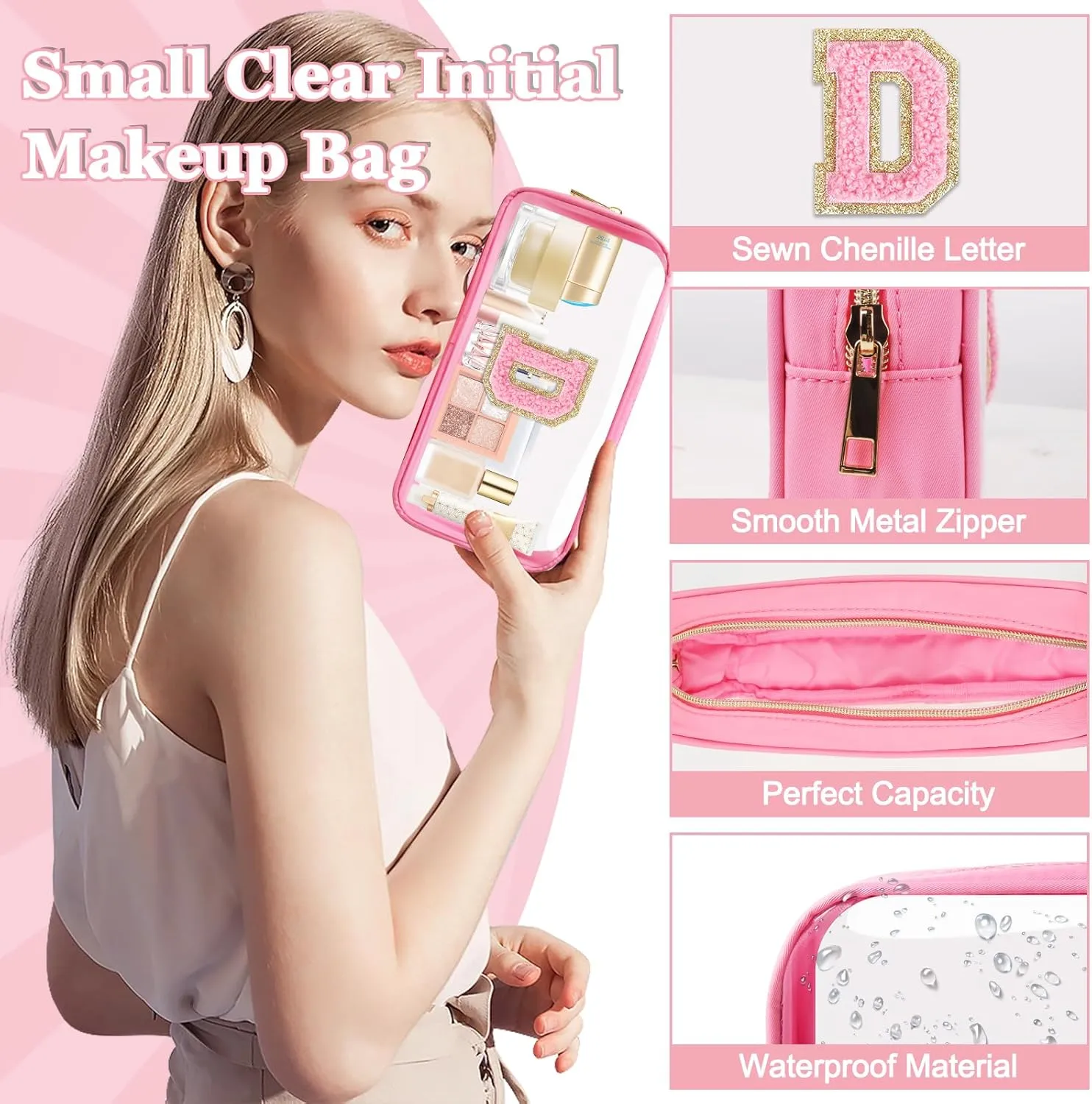 Small Clear Personalized Initial Makeup Bag,Nylon Preppy A-Z Chenille Letter Patch Cosmetic Pouch Beach Toiletry Bag,Waterproof Zipper Travel Purse Storage Bag Organizer for Women Girls(Pink-Pink D)