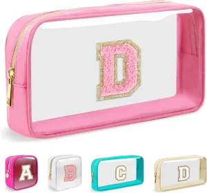 Small Clear Personalized Initial Makeup Bag,Nylon Preppy A-Z Chenille Letter Patch Cosmetic Pouch Beach Toiletry Bag,Waterproof Zipper Travel Purse Storage Bag Organizer for Women Girls(Pink-Pink D)