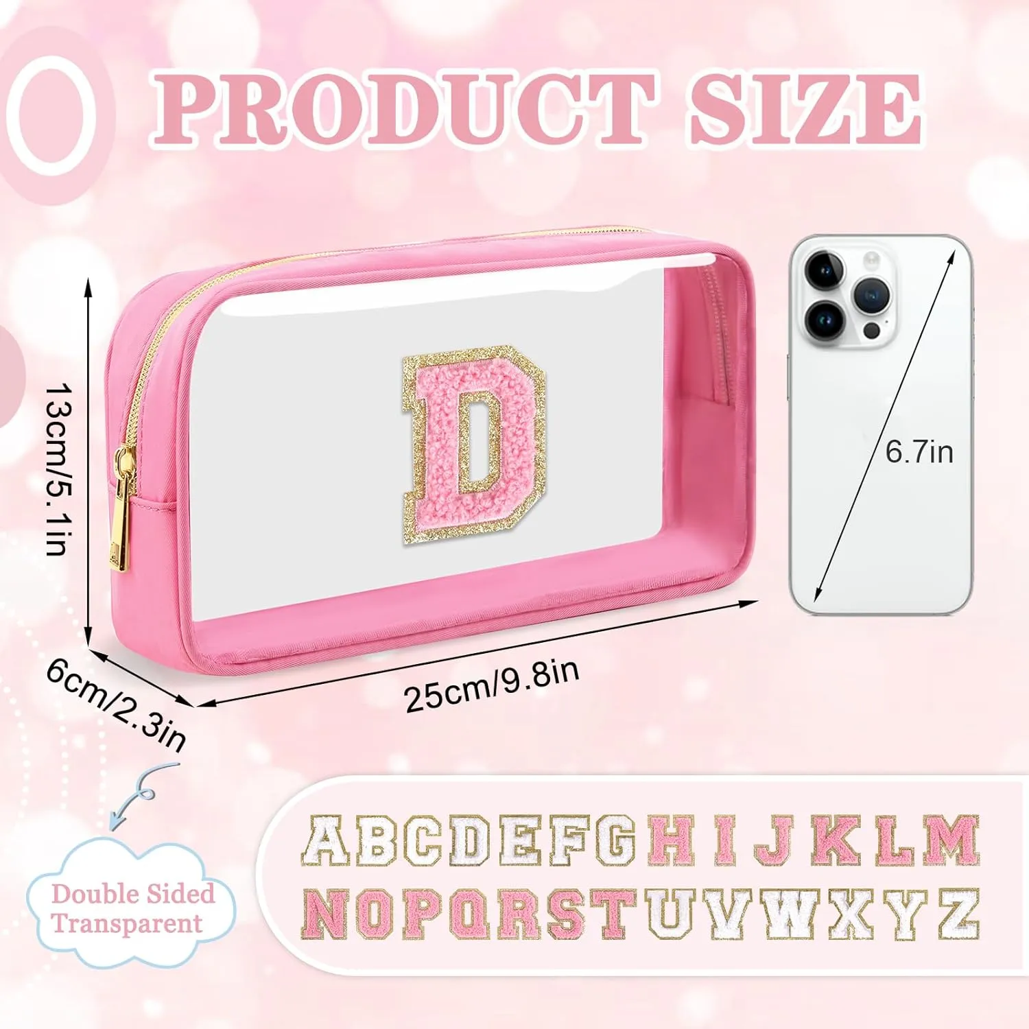 Small Clear Personalized Initial Makeup Bag,Nylon Preppy A-Z Chenille Letter Patch Cosmetic Pouch Beach Toiletry Bag,Waterproof Zipper Travel Purse Storage Bag Organizer for Women Girls(Pink-Pink D)