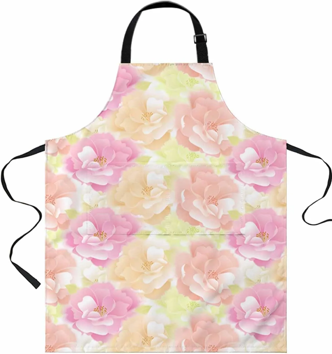 Spring Floral Waterproof Apron With Pockets,Colorful Pink Rose Flower Botanical Summer Kitchen Chefs Bib Cooking BBQ Grill Bake Adjustable Aprons for Women/Kids Home Garden Grooming Painting Gardening